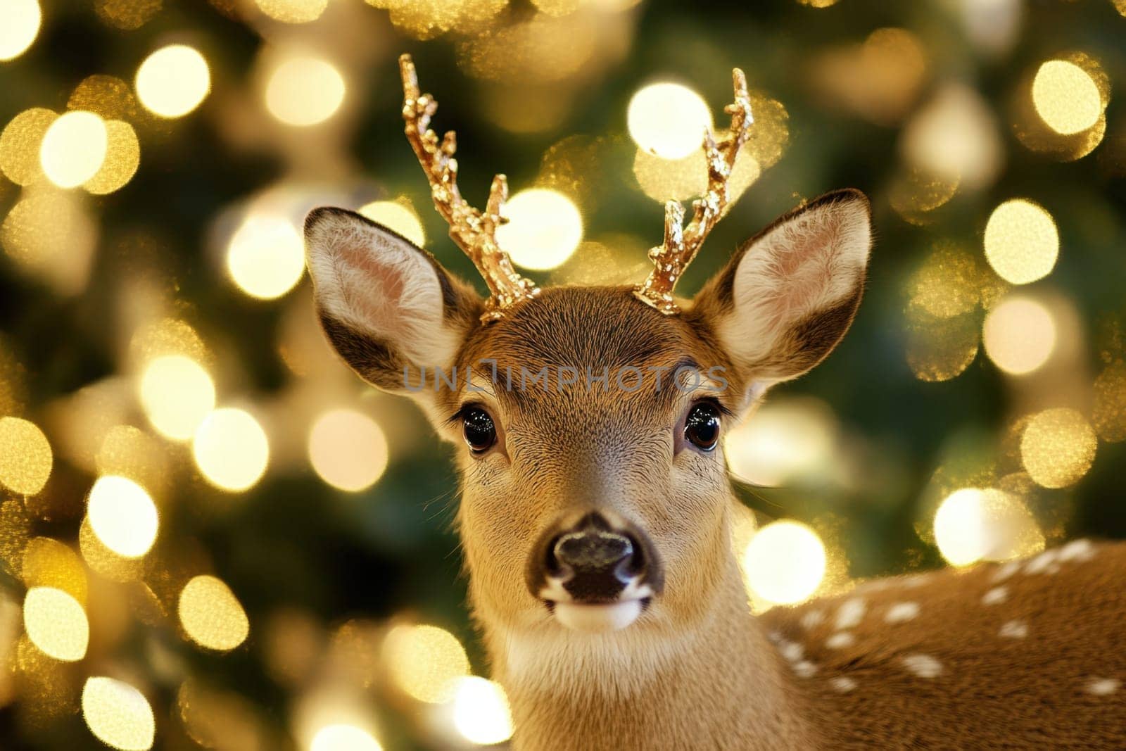 A young deer gazes at the viewer adorned with golden antlers surrounded by sparkling holiday lights in a cheerful setting.