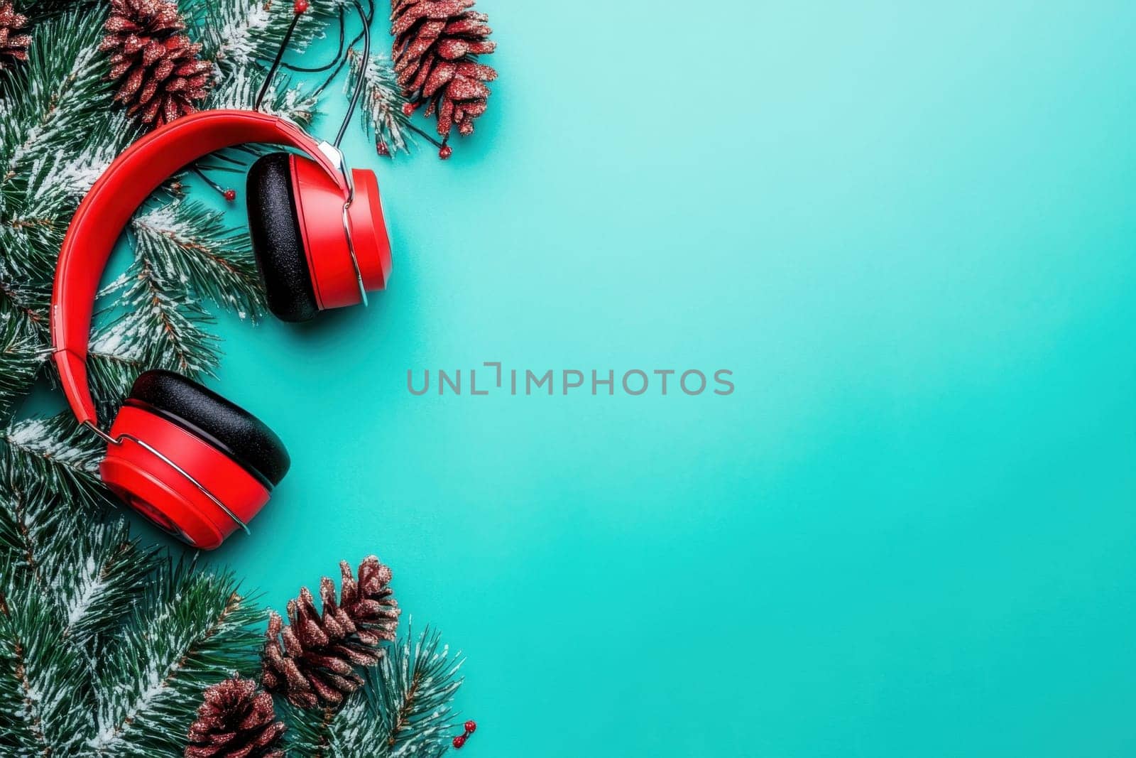 Red headphones sit beside pinecones and frosted greenery against a bright teal background capturing a festive mood perfect for the holidays.