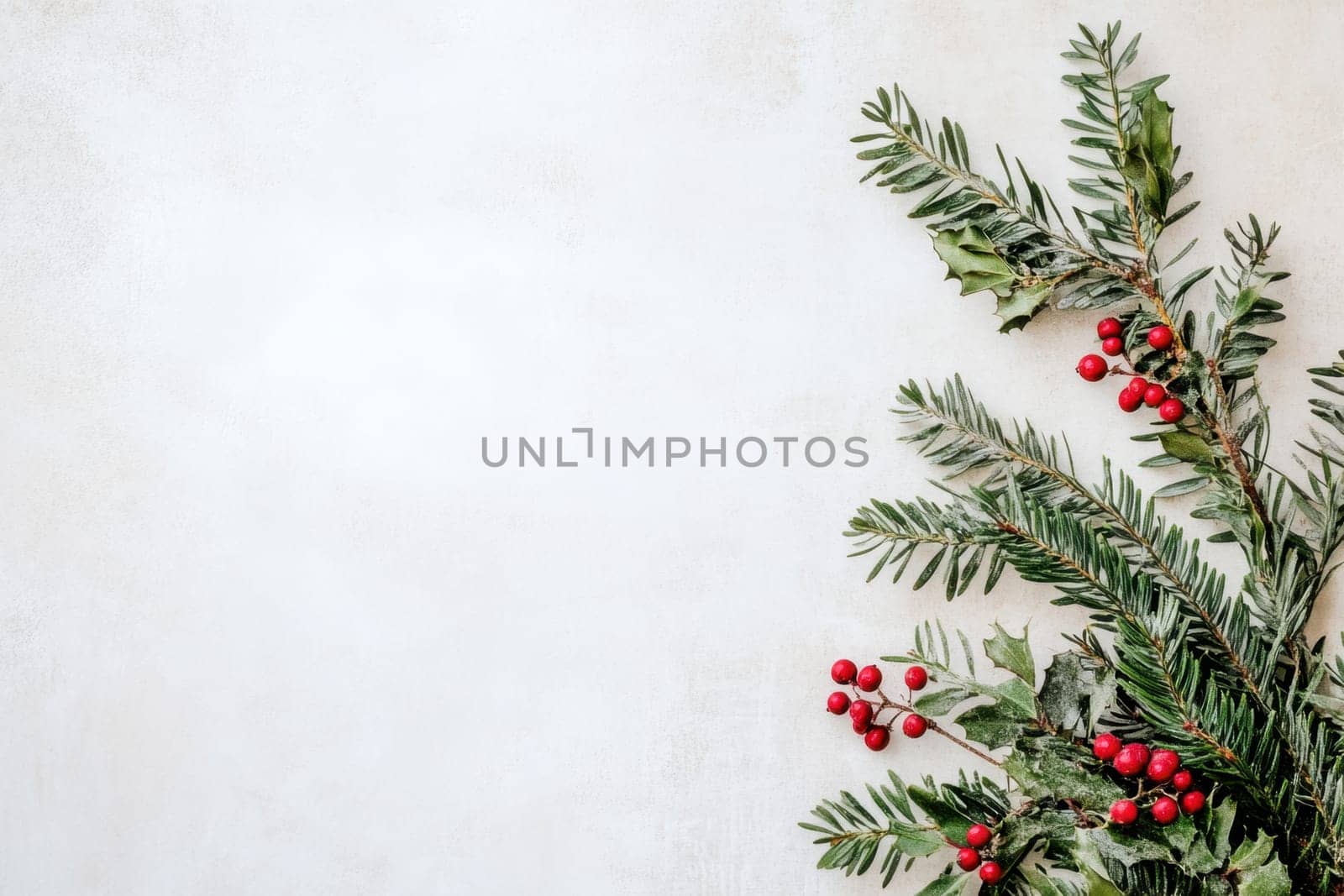 A close up of evergreen branches adorned with bright red berries set against a light neutral background perfect for holiday decor.