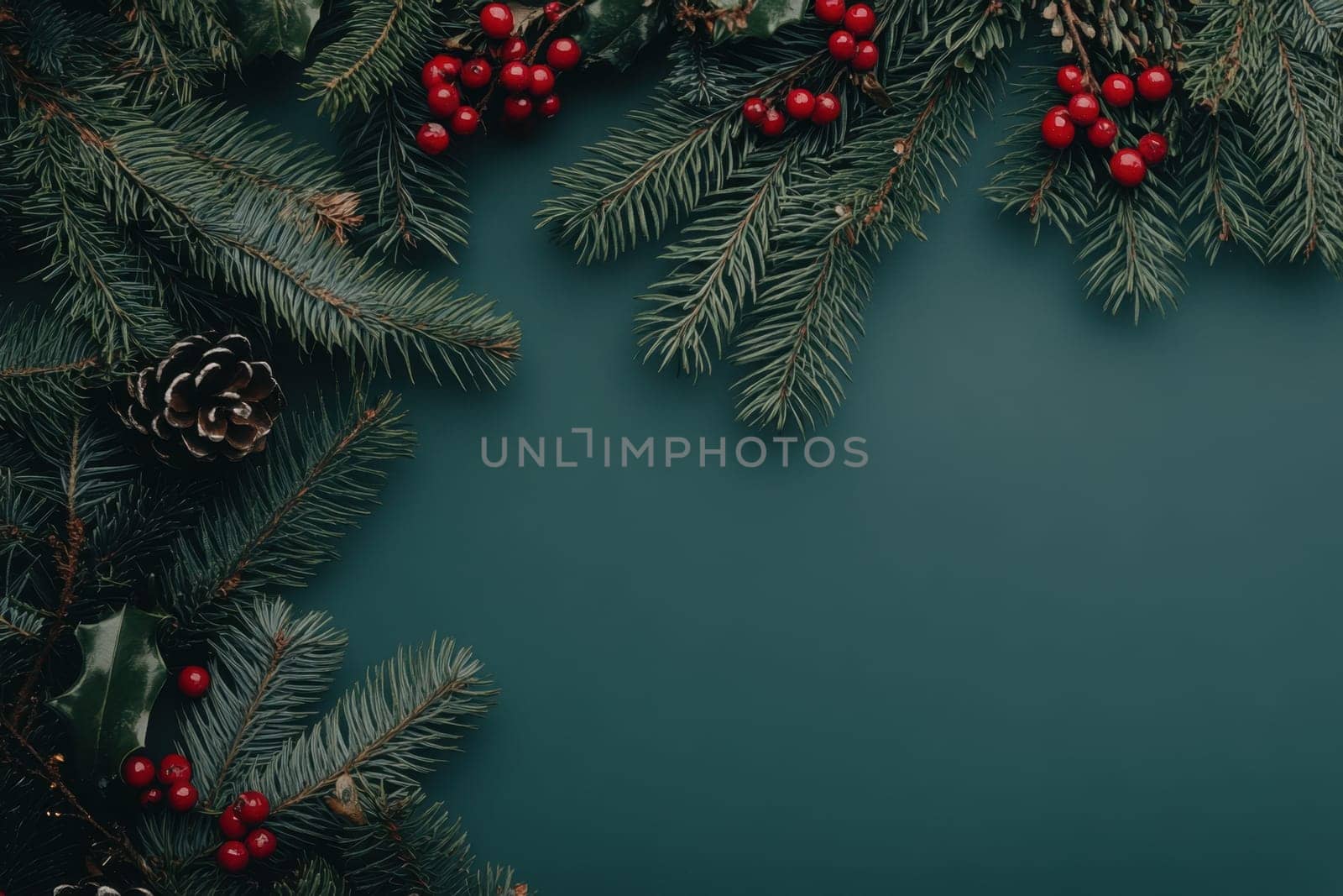 A beautifully arranged display of evergreen branches red berries and pine cones creates a seasonal atmosphere perfect for holiday celebrations.