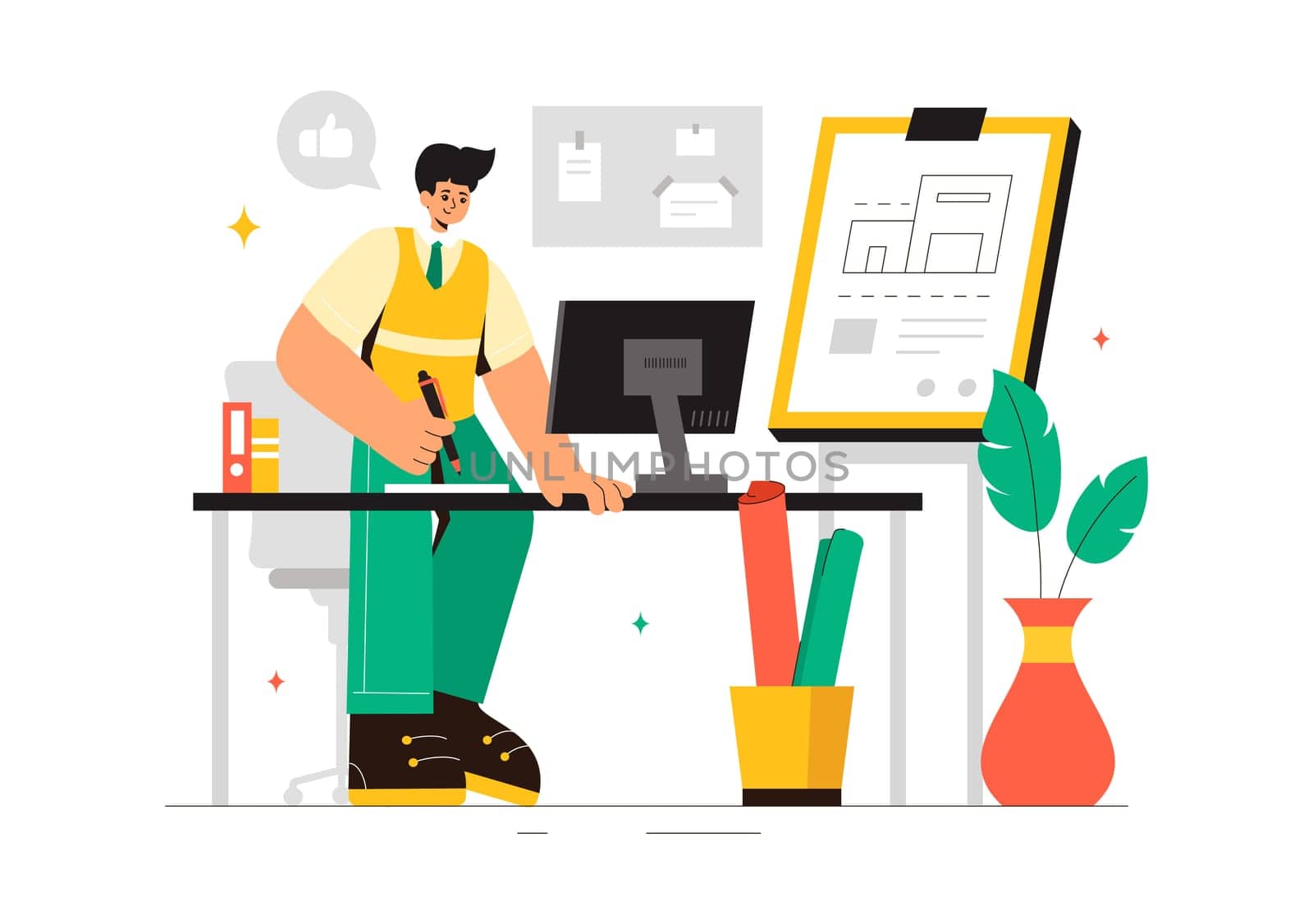 Vector illustration of a Drafting Engineer or Architect Working on a Drawing Board, Projecting Plans and Creating Drafts for Construction Projects