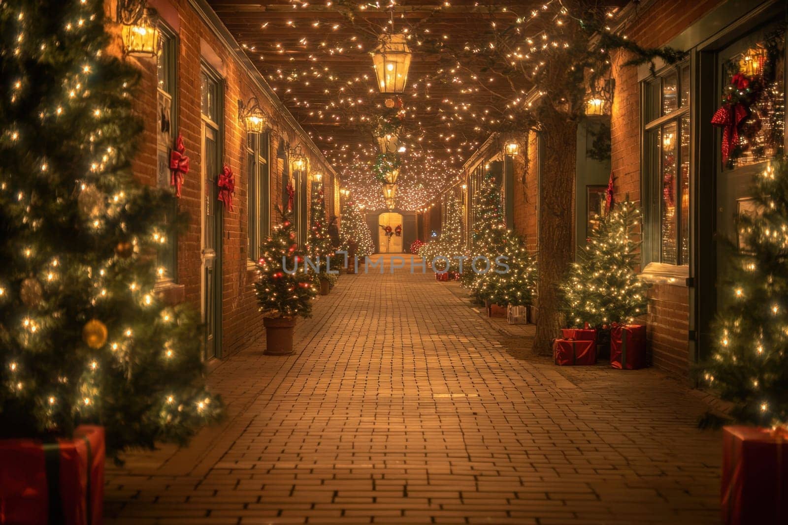A charming walkway in winter lined with beautifully lit trees and festive decorations creating a magical holiday atmosphere.