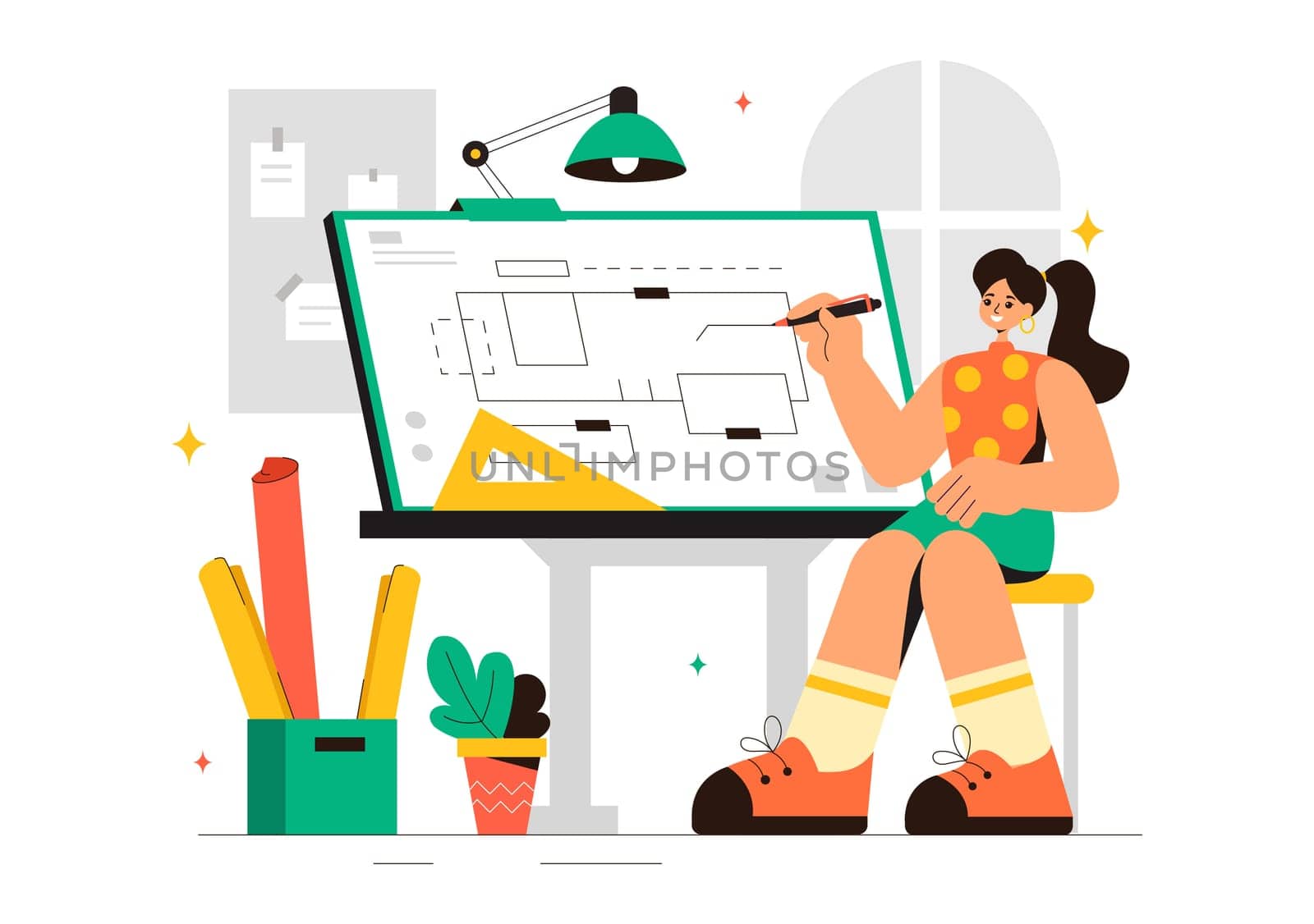 Vector illustration of a Drafting Engineer or Architect Working on a Drawing Board, Projecting Plans and Creating Drafts for Construction Projects