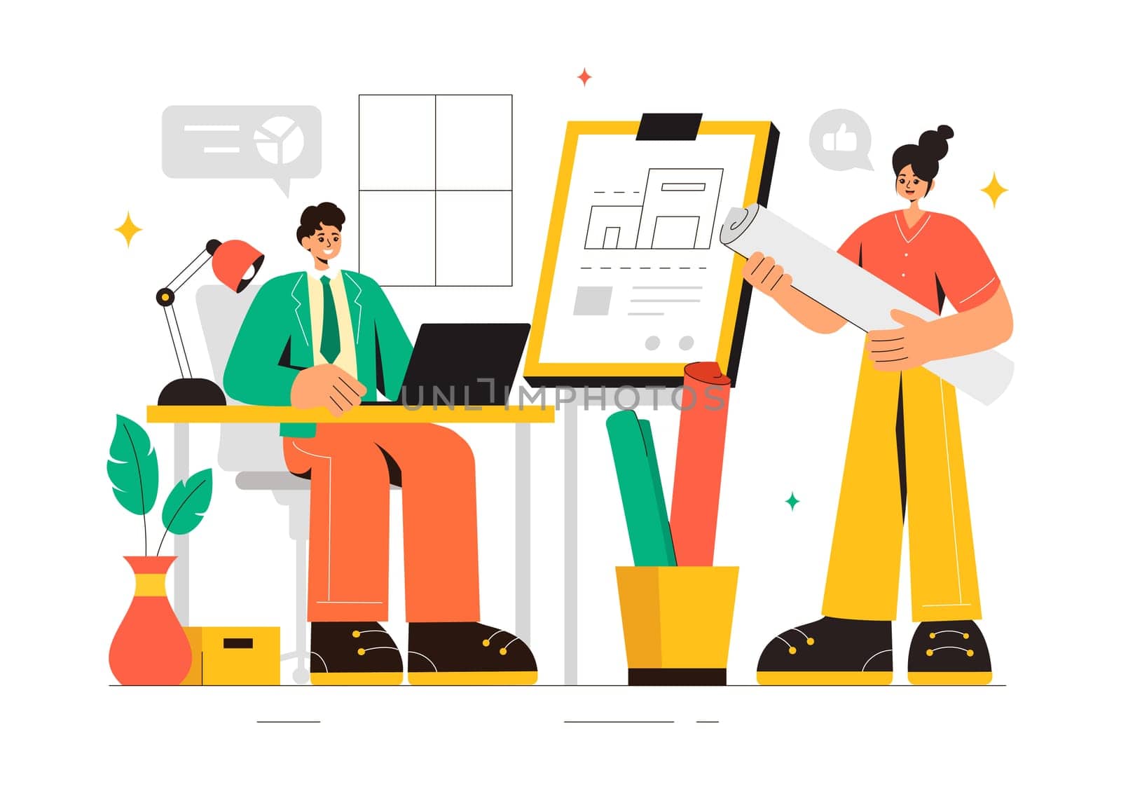 Vector illustration of a Drafting Engineer or Architect Working on a Drawing Board, Projecting Plans and Creating Drafts for Construction Projects