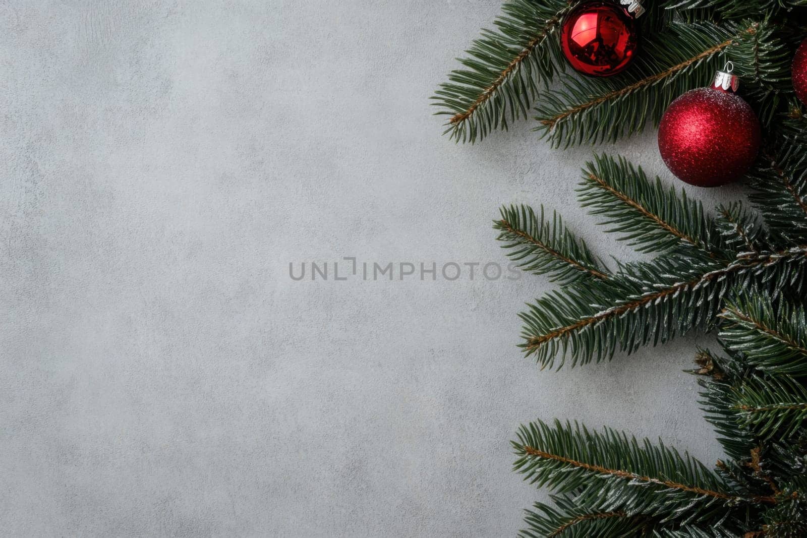 Red and glittering ornaments rest among pine branches creating a festive atmosphere for the winter season.