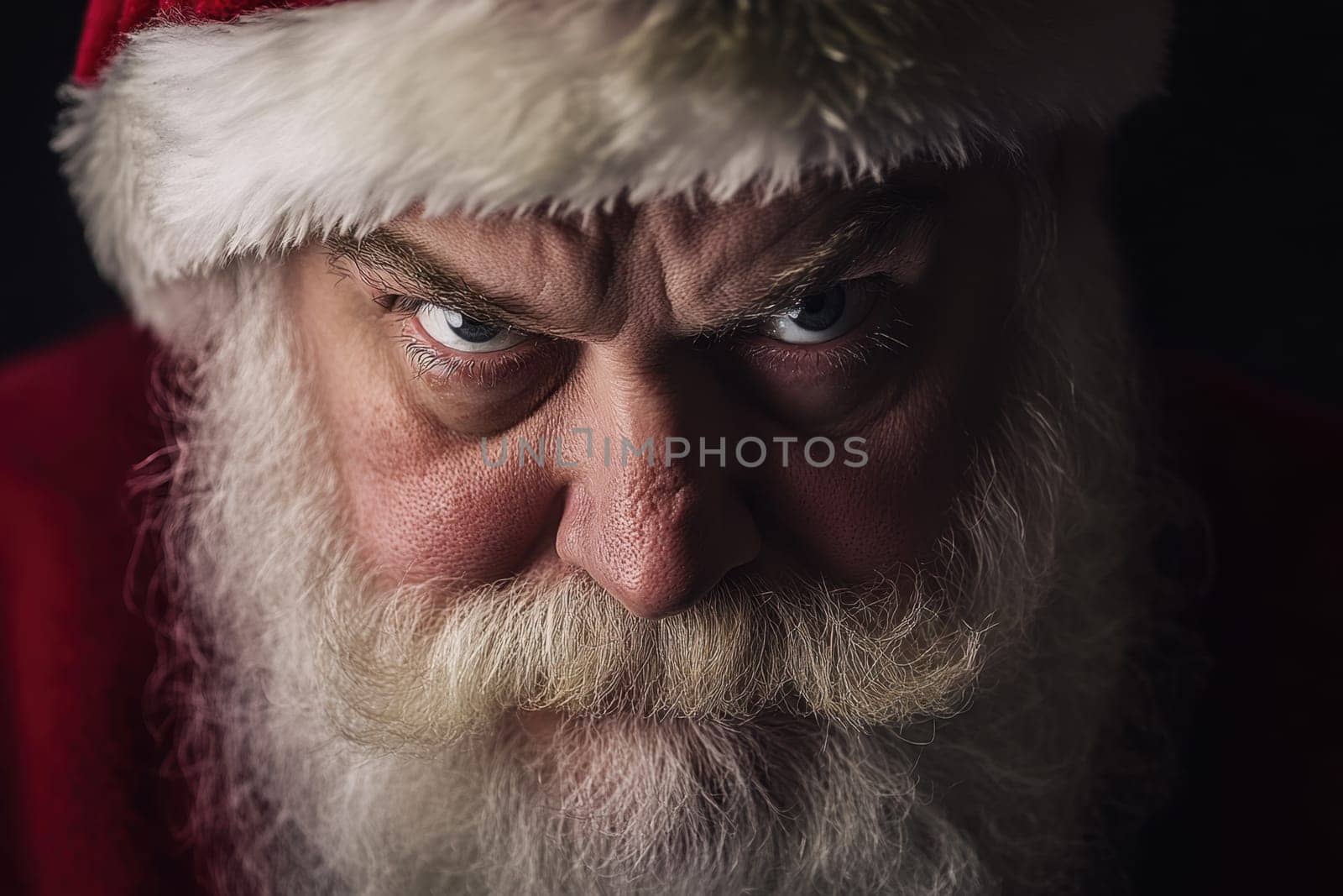 A close up of Santa Claus displaying a serious expression highlighting his iconic beard and festive attire against a dark setting.
