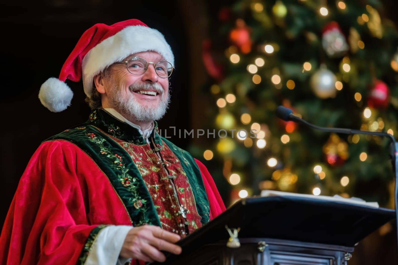 A man dressed in a Santa suit smiles while addressing an audience surrounded by twinkling holiday decorations.