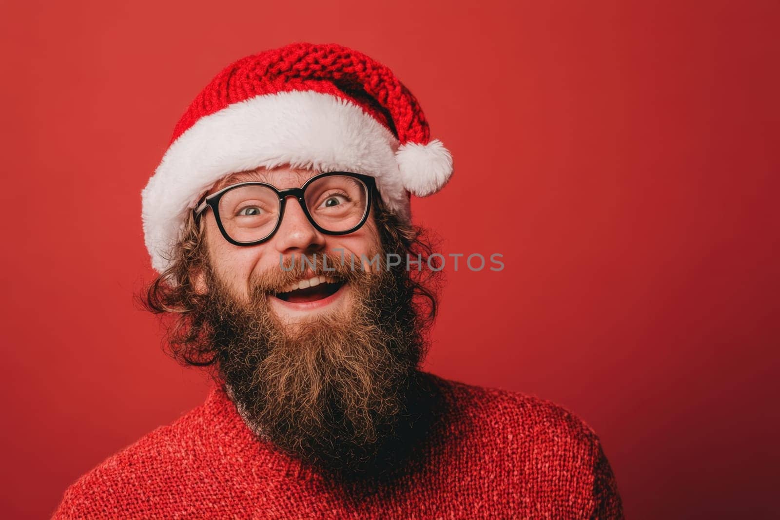 A joyful man with glasses and a beard wears a Santa hat and a red sweater radiating festive cheer and warmth in the holiday season.