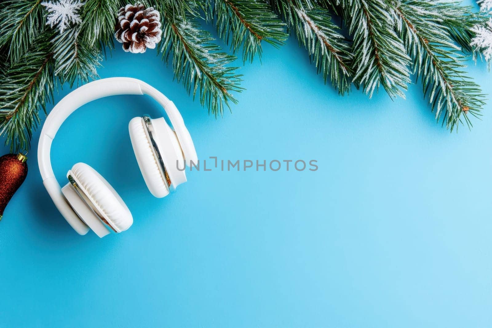 A pair of white headphones rests on a blue surface next to pine branches decorated for the holiday season creating a festive atmosphere.