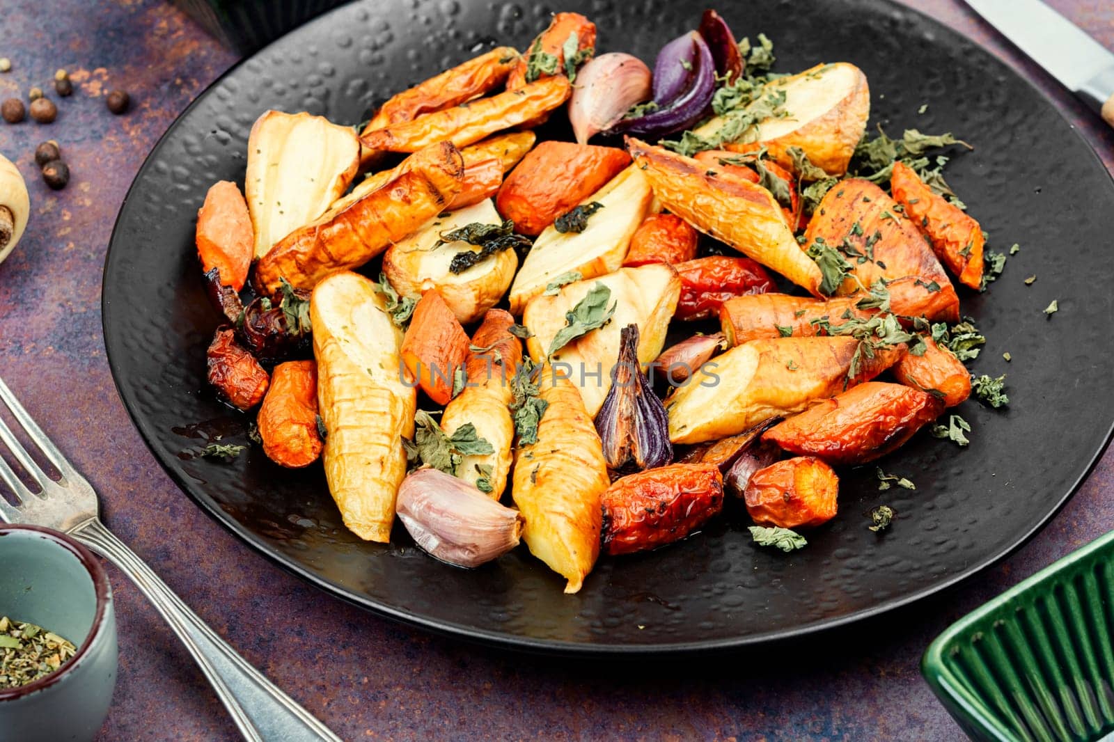 Roasted root vegetables, baked parsnip root, red onions, carrots, and garlic for a vegan dish.