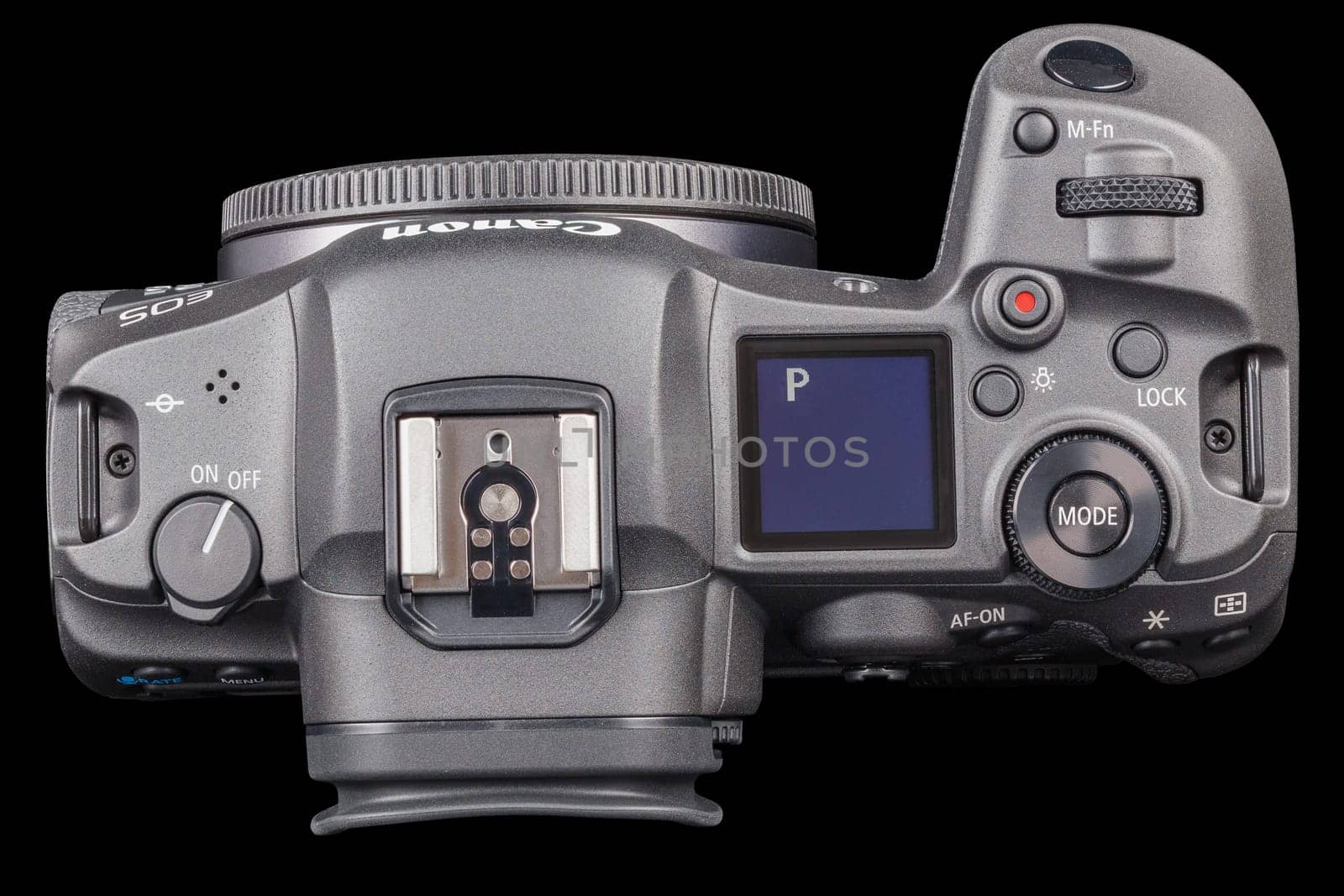 Canon R5 - black professional 35mm full-frame mirrorless camera body with flip screen isolated on black background with focus stacking - Tula, Russia, September 15, 2021