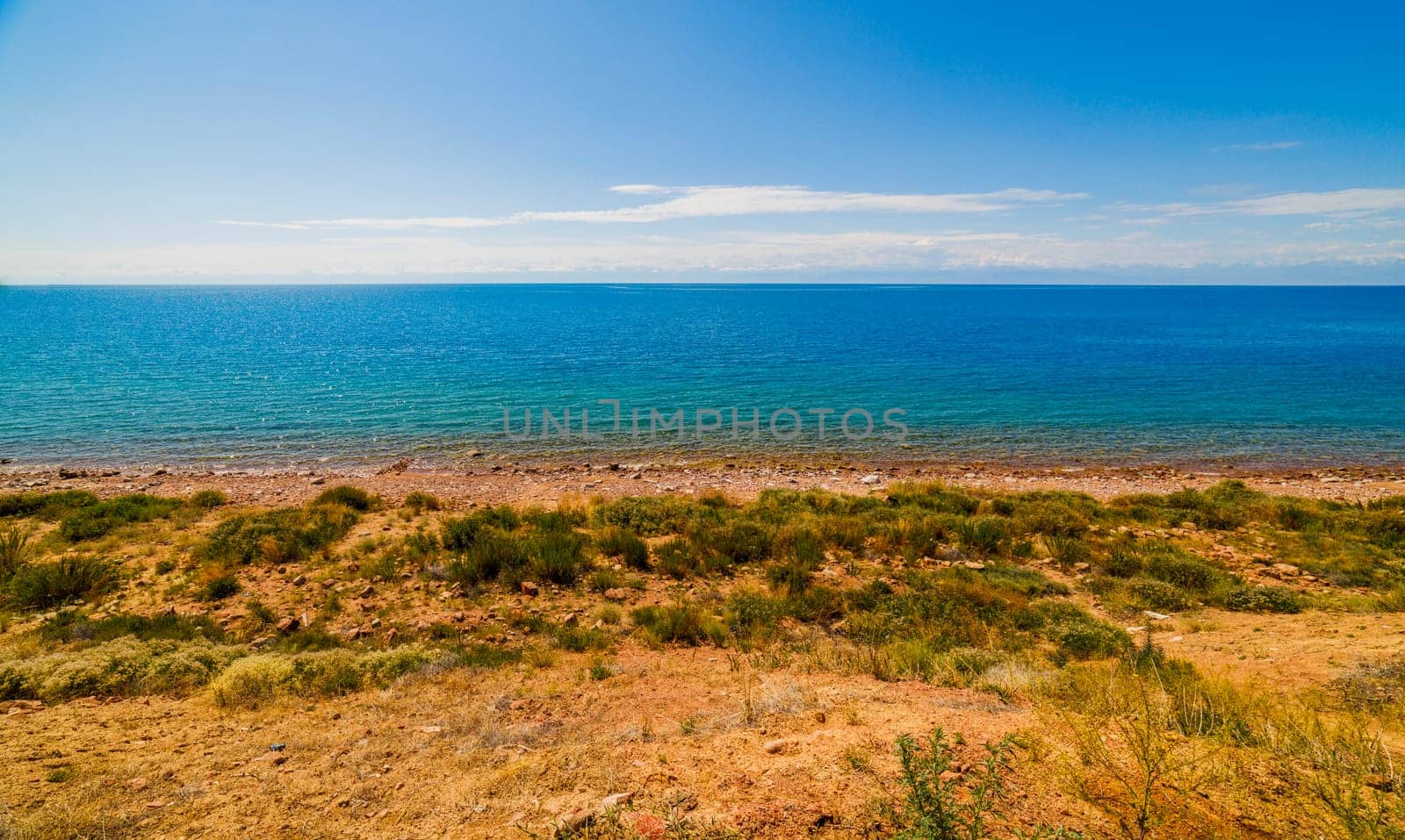 large open water surface with far snowcapped mountain range on the horizon at sunny day.
