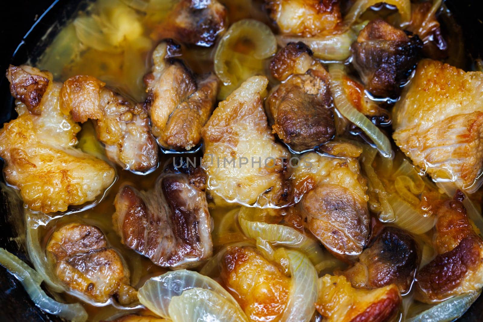 roasted pork meat with onion rings submerged in a vegetable oil, closeup full-frame background