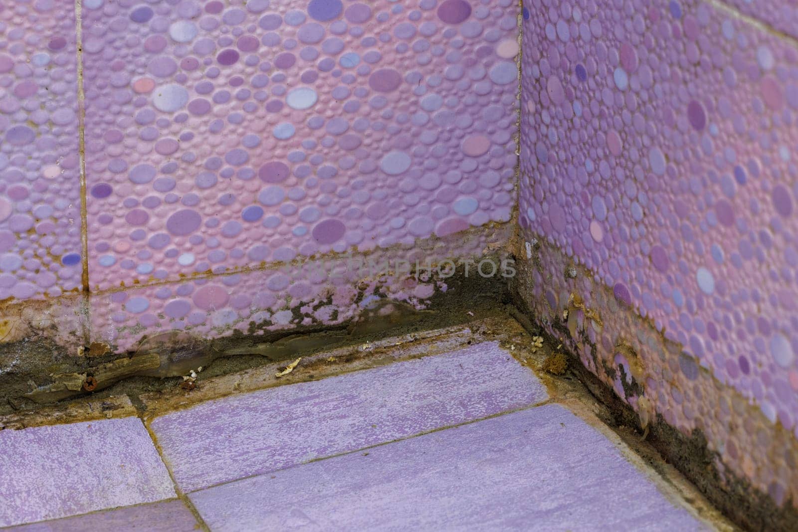 filthy dirty bathroom shower floor corner, closeup