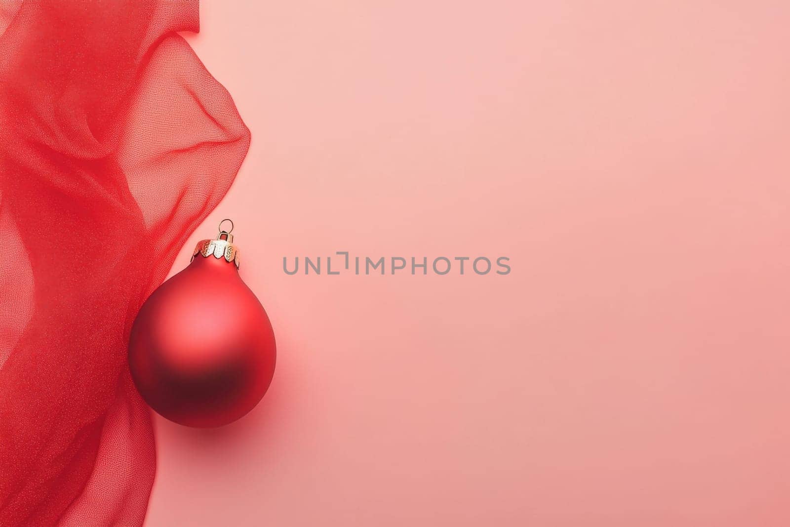 A vibrant red ornament rests beside flowing red fabric capturing the essence of festive holiday decor and warmth.