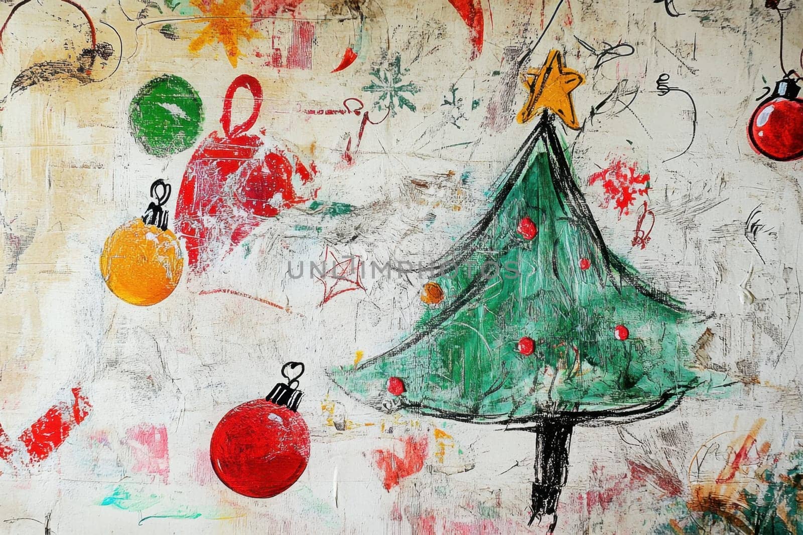 A festive wall displays a painted Christmas tree with ornaments capturing the joyful spirit of the holiday season.