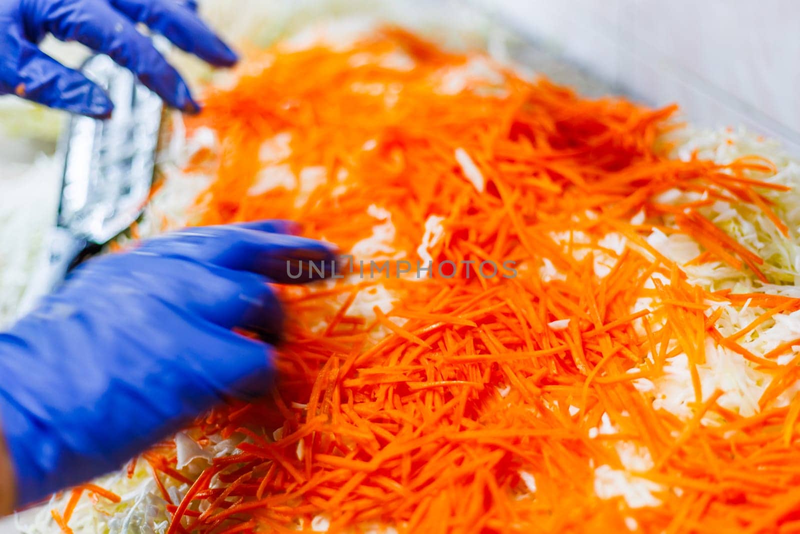 grated carrot with hands in blue latex gloves closeup