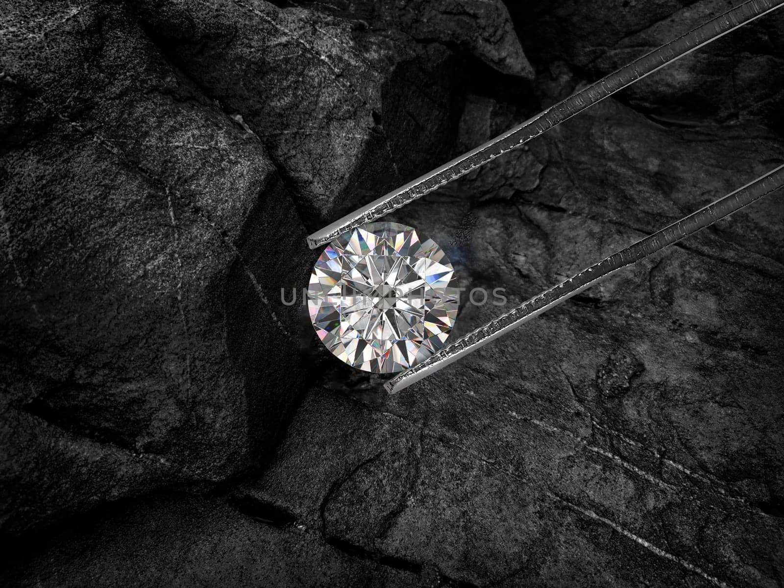 Cut Beautiful diamond held by tweezers on black coal background
