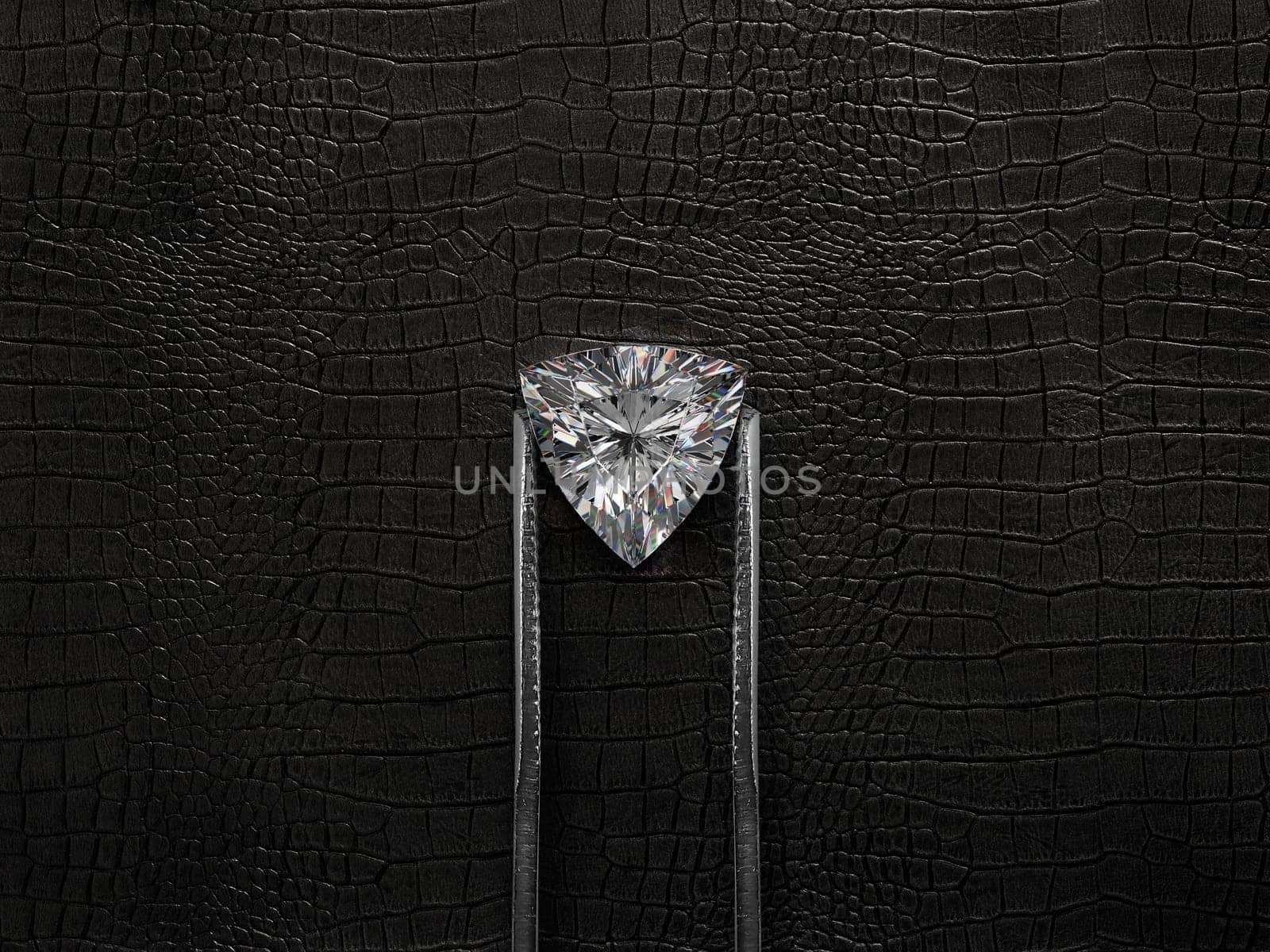 Cut Beautiful diamond held by tweezers, on a black leather background