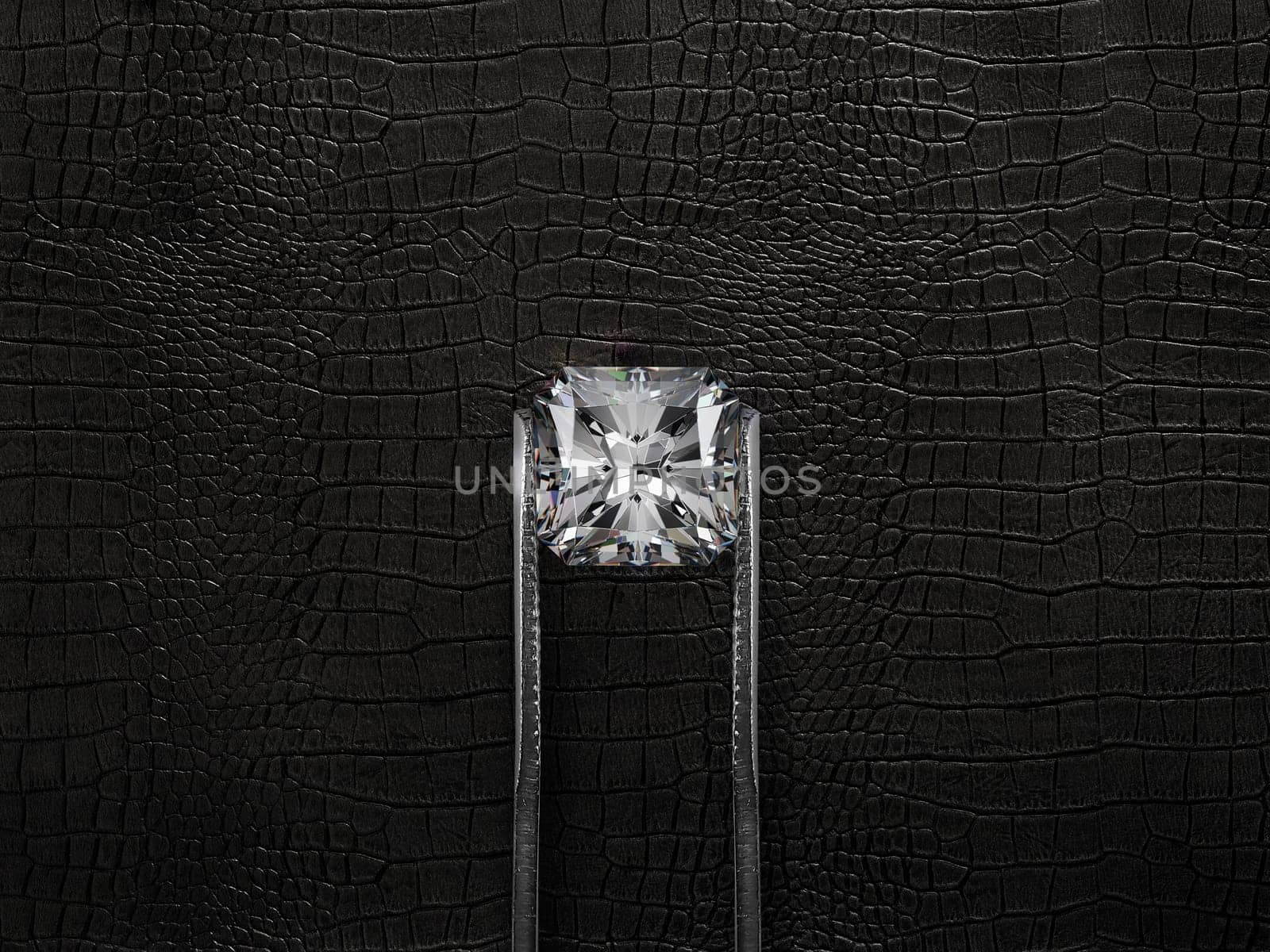 Cut Beautiful diamond held by tweezers, on a black leather background