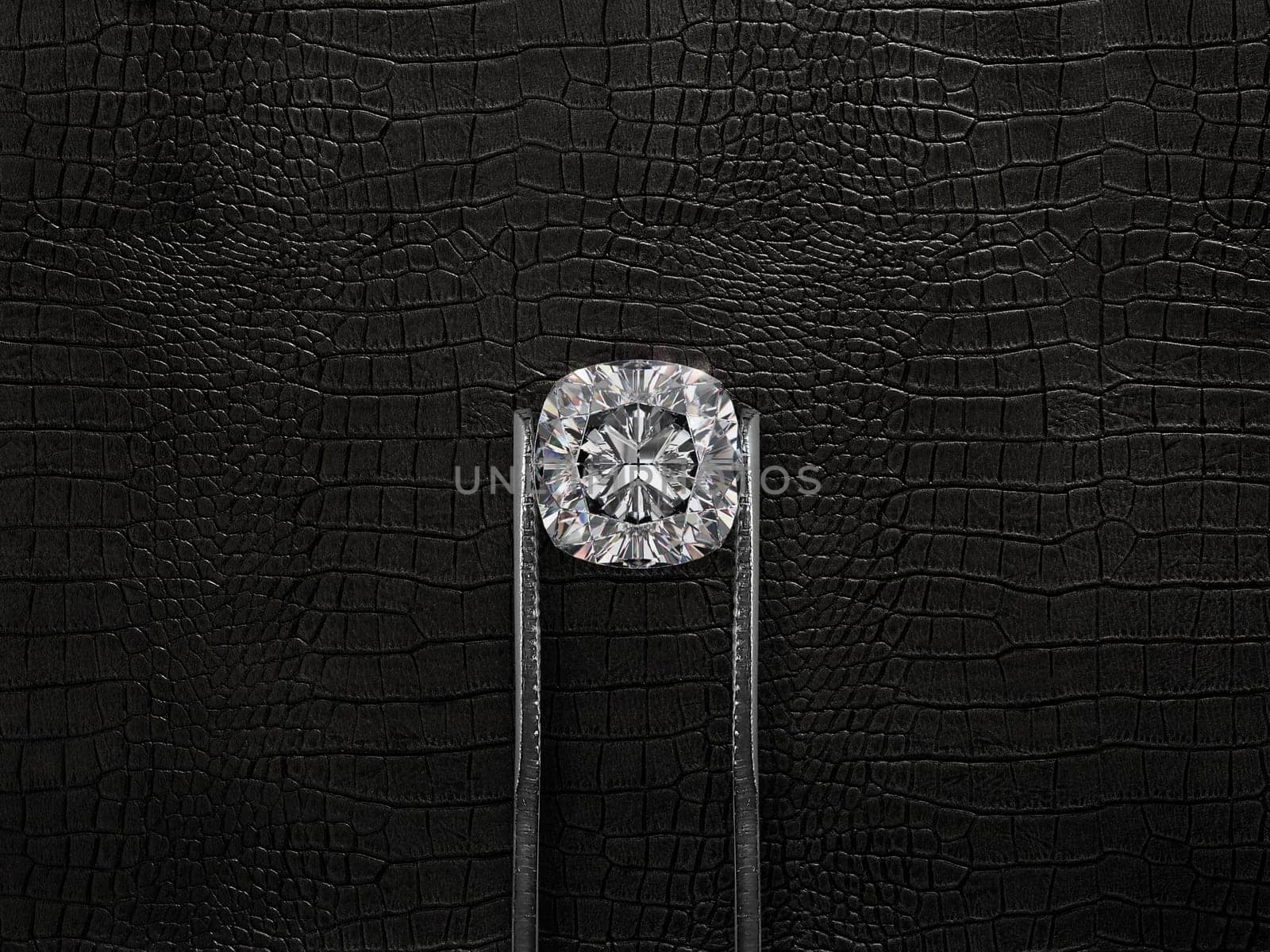 Cut Beautiful diamond held by tweezers, on a black leather background