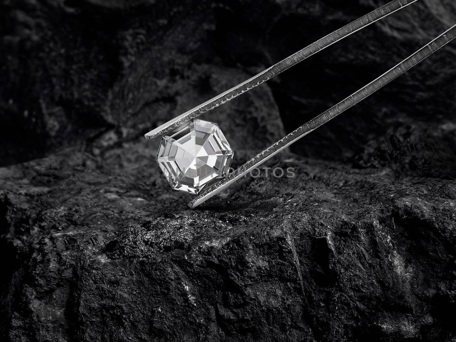 Cut Beautiful diamond held by tweezers on black coal background