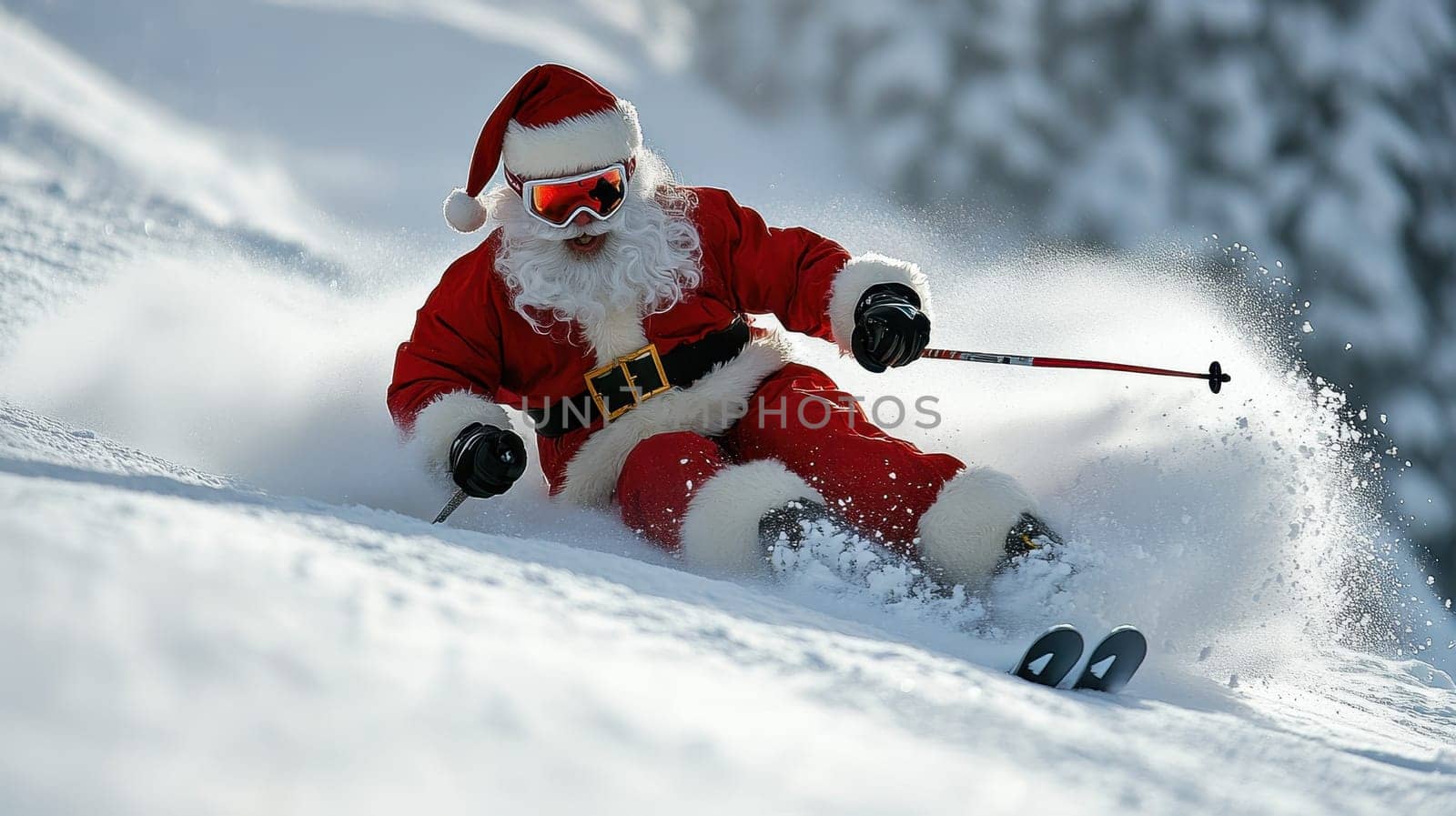 Santa Claus Skiing Down a Snowy Slope, Festive Winter Sports and Holiday Cheer
