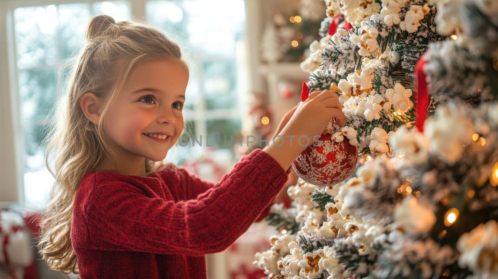 Cute little girl decorating a Christmas tree with red baubles. Christmas eve, holiday spirit, and childhood memories concept.