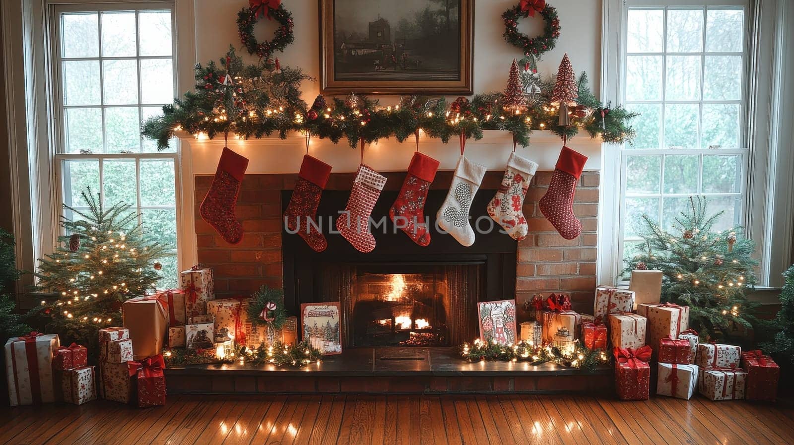 Cozy Christmas fireplace with stockings and presents. Festive scene with a warm and inviting atmosphere, perfect for holiday greetings and winter celebrations.