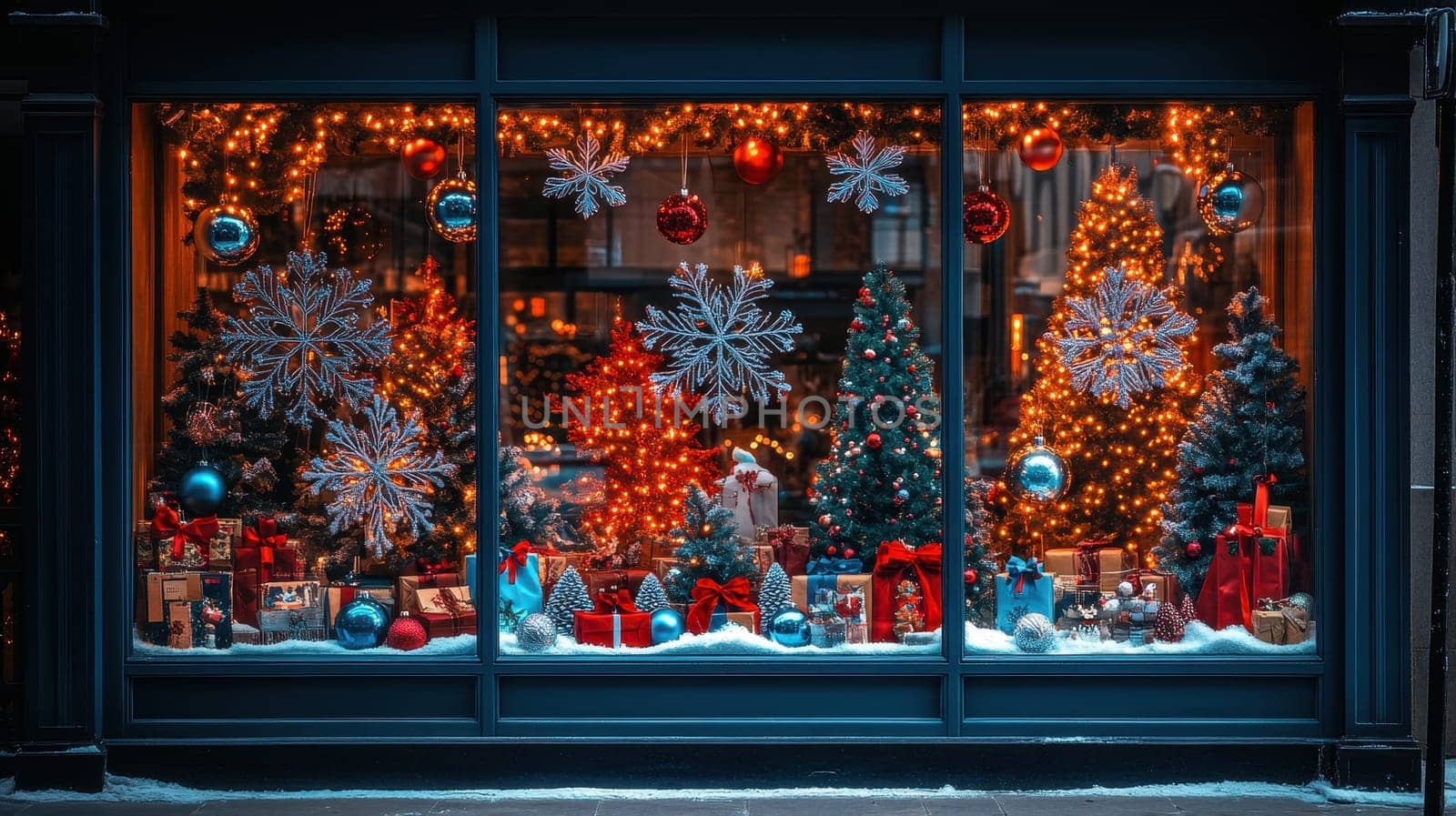 Christmas Shop Window Display with Festive Decorations and Gifts