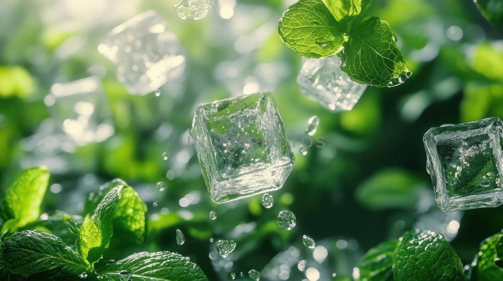 Ice cubes surrounded by fresh mint leaves with droplets of water, evoking a refreshing and cool atmosphere.
