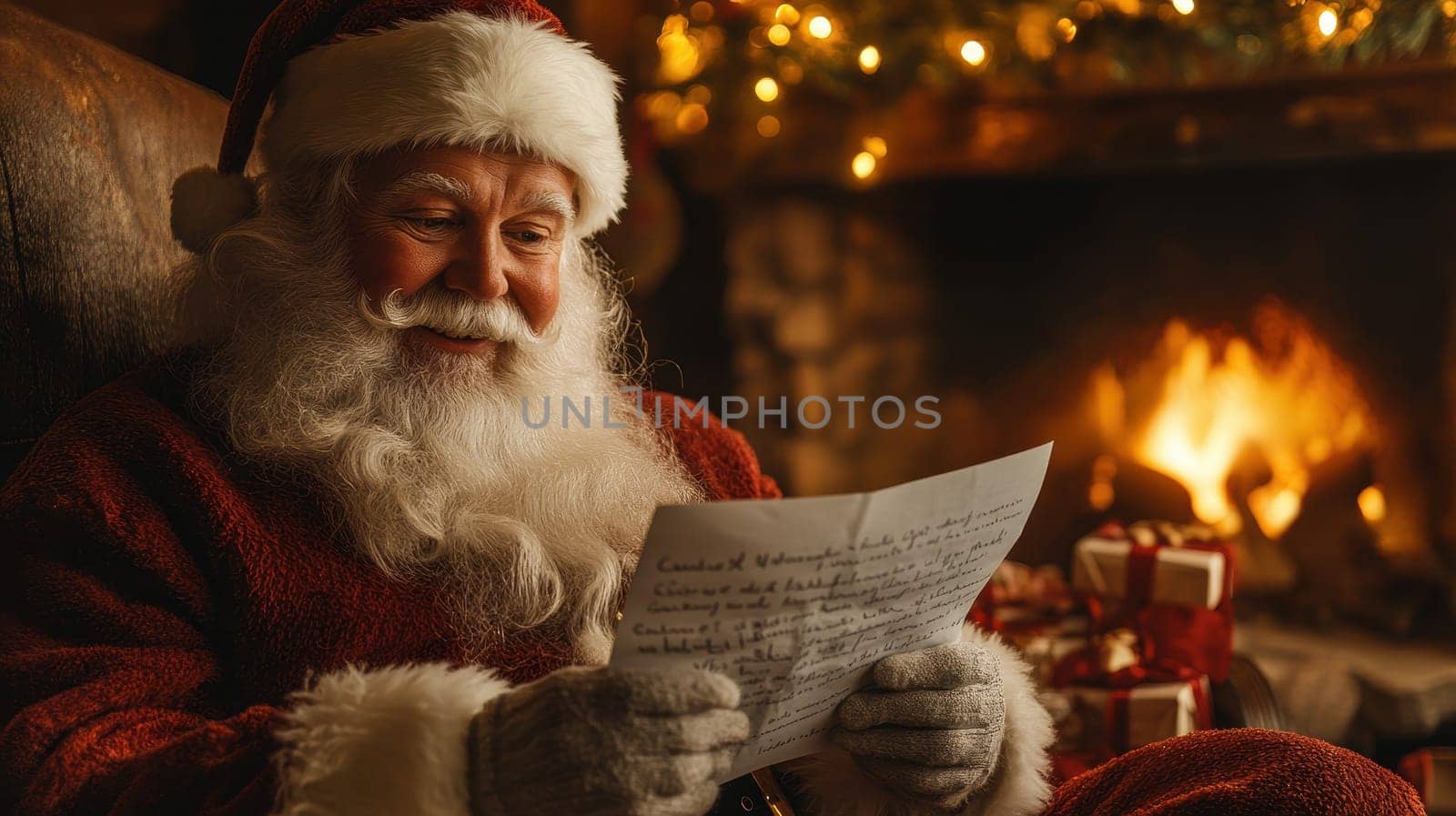 Santa Claus Reading Christmas Wish List by Fireplace