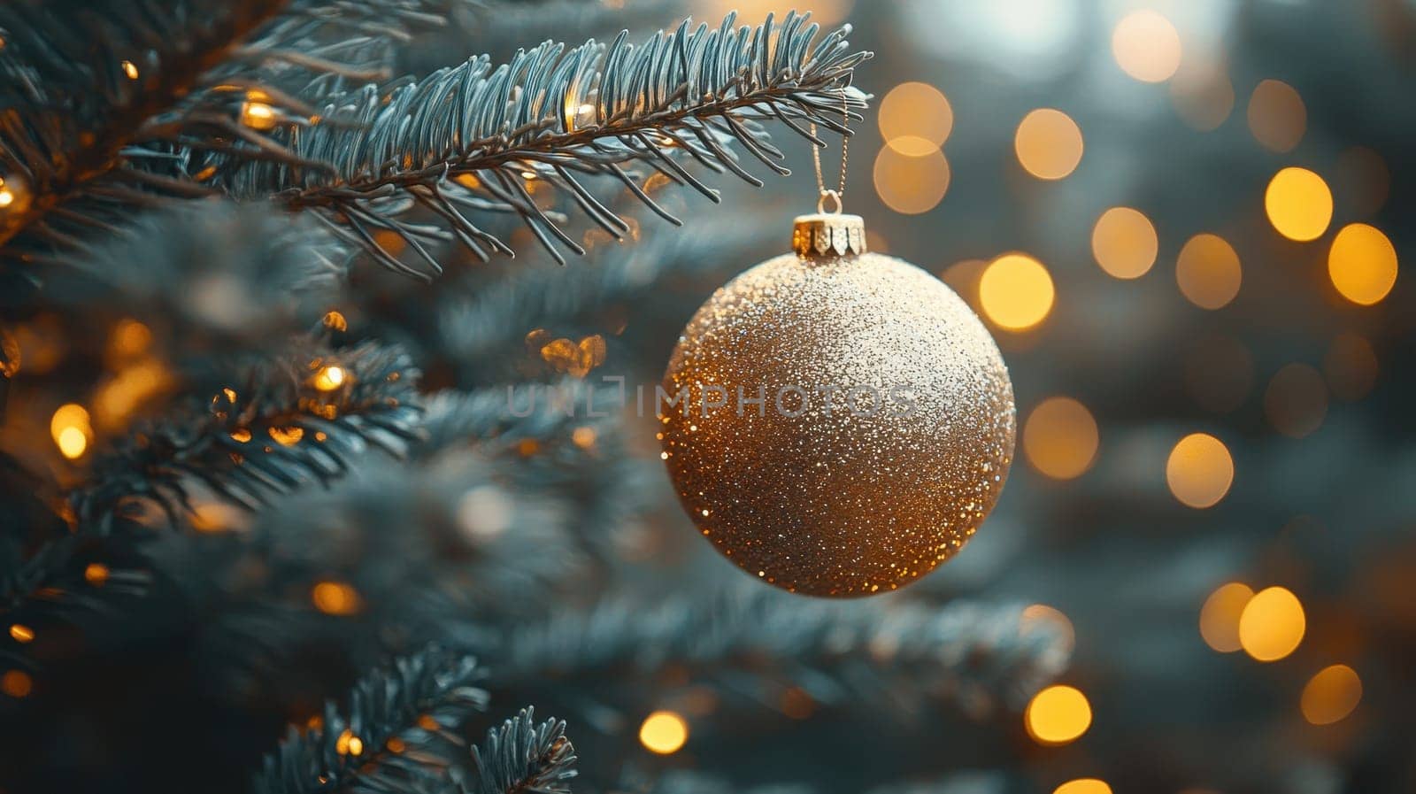 Gold Christmas Ornament on a Christmas Tree with Twinkling Lights. Holiday background with festive decoration, sparkling bokeh, and warm seasonal cheer.