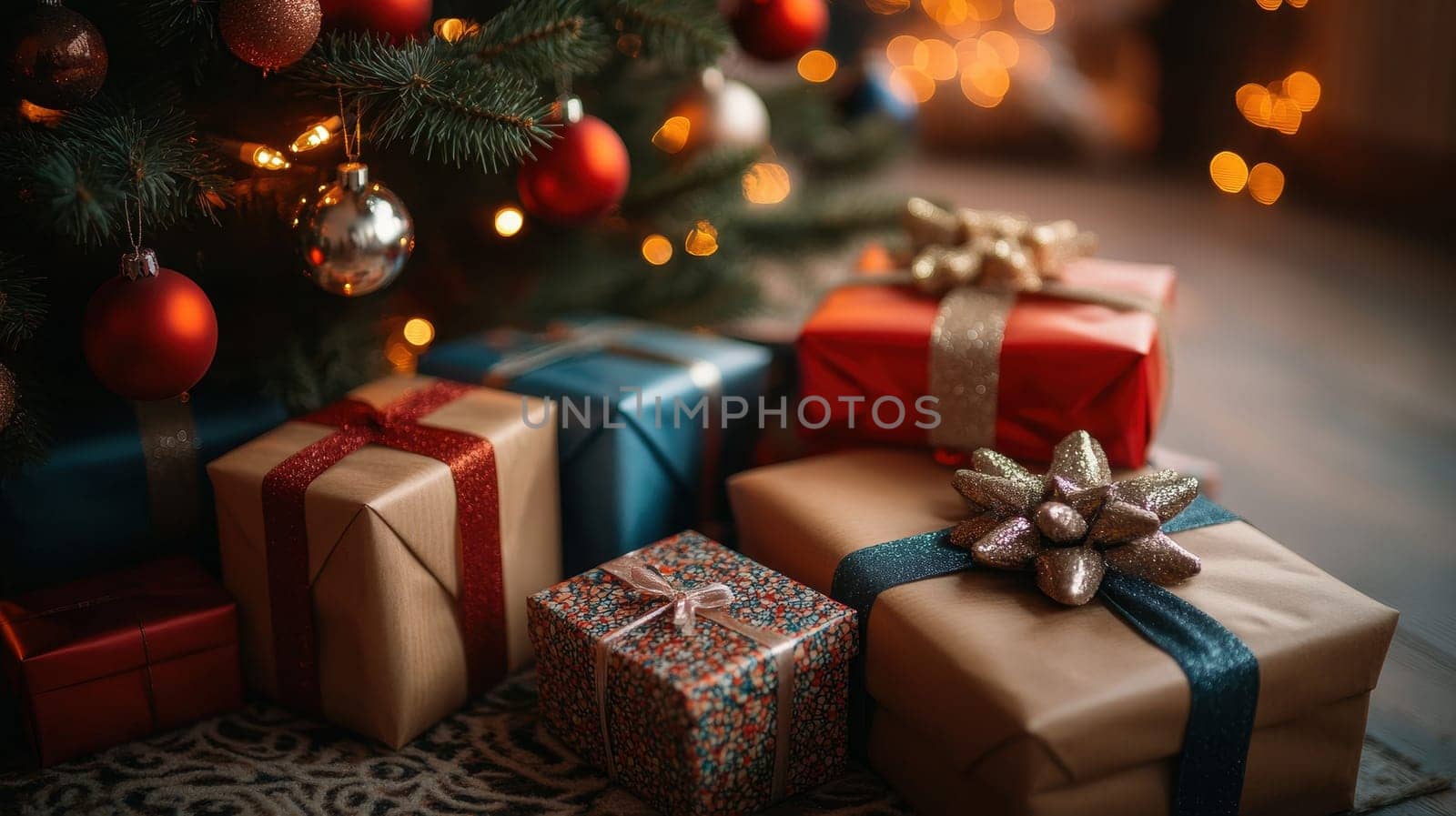 Christmas gifts under the tree, Festive holiday presents wrapped in colorful paper and ribbons