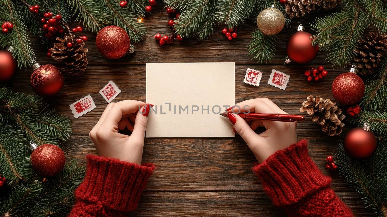 Woman writing Christmas card or letter on wooden table with festive decorations. Top view.