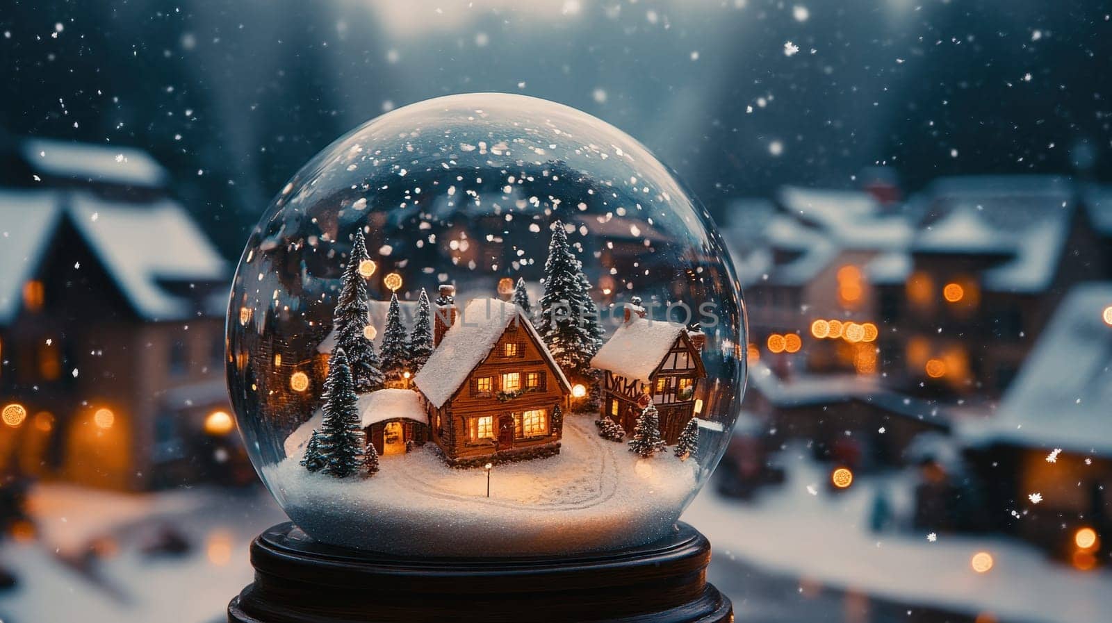 Snow globe featuring a cozy winter village scene with illuminated houses and falling snowflakes.