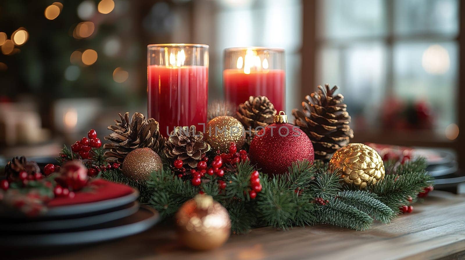 Christmas Table Centerpiece with Candles, Ornaments, and Pine Cones