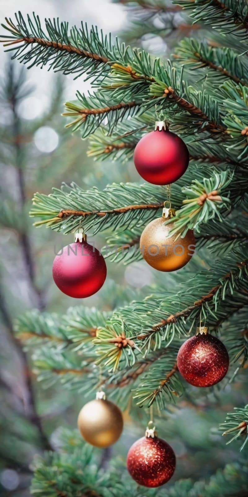 Colorful Christmas decorations adorn the branches of a spruce tree, vibrant balls in shades of red, gold, and pink, embodying holiday cheer in winter. Happy New Year art background. Generative AI.