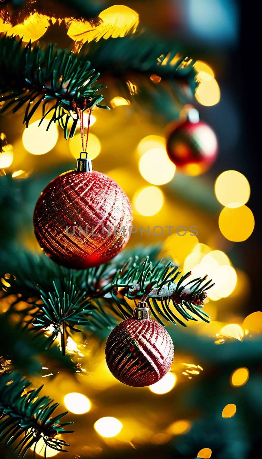 Sparkling ornament balls in vibrant red and gold hang from a lush spruce tree branch. Soft, warm lights twinkle enhancing festive spirit of Christmas. Happy New Year. Anamorphic  bokeh. Generative AI.