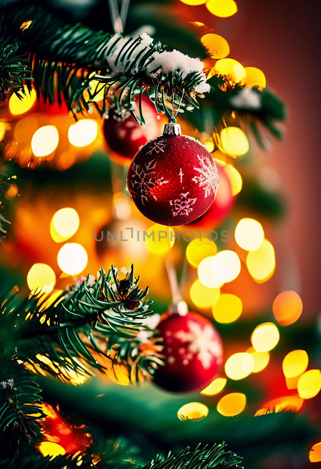 Sparkling ornament balls in vibrant red and gold hang from a lush spruce tree branch. Soft, warm lights twinkle enhancing festive spirit of Christmas. Happy New Year. Anamorphic  bokeh. Generative AI.