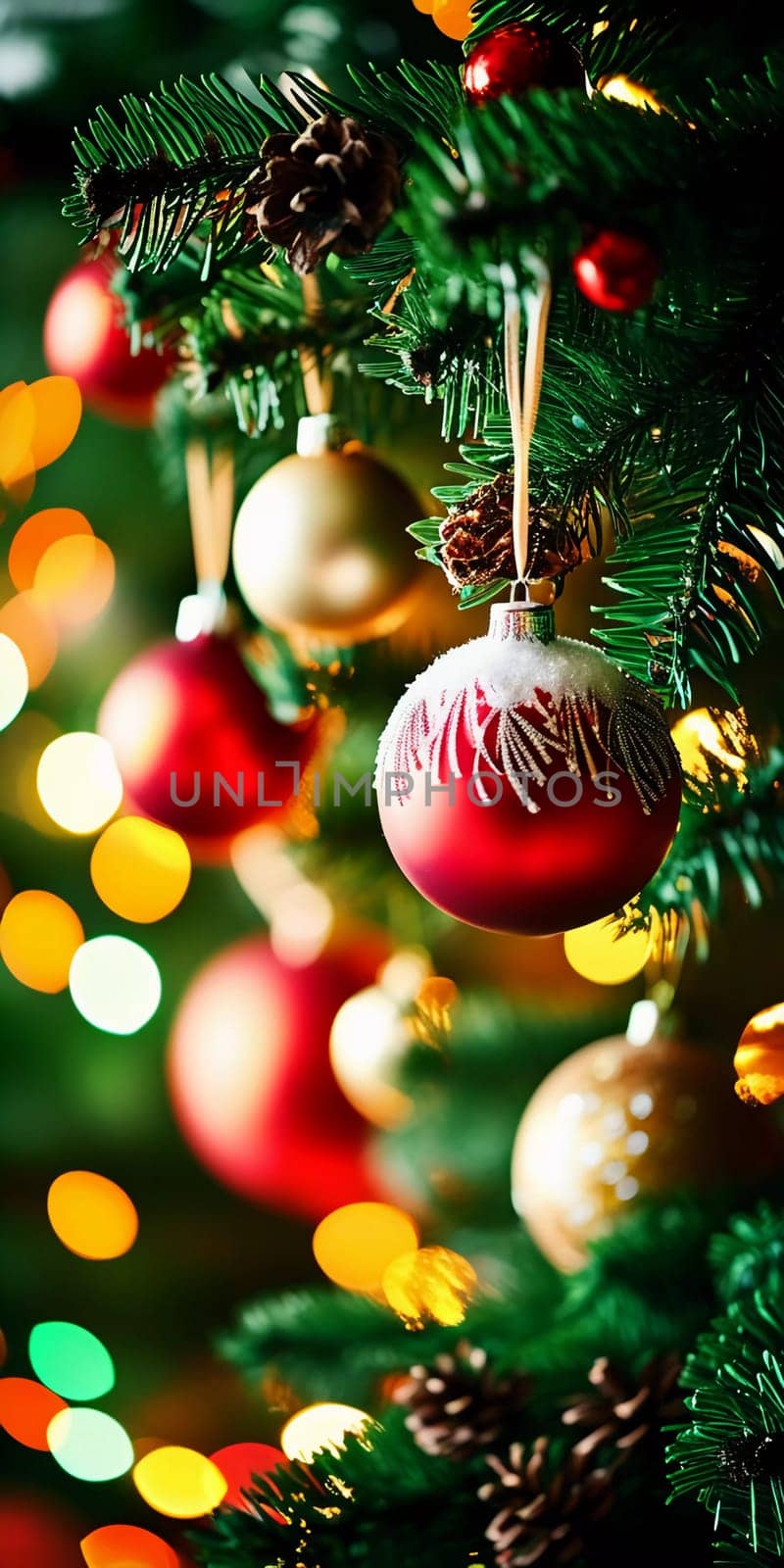 Sparkling ornament balls in vibrant red and gold hang from a lush spruce tree branch. Soft, warm lights twinkle enhancing festive spirit of Christmas. Happy New Year. Anamorphic  bokeh. Generative AI.