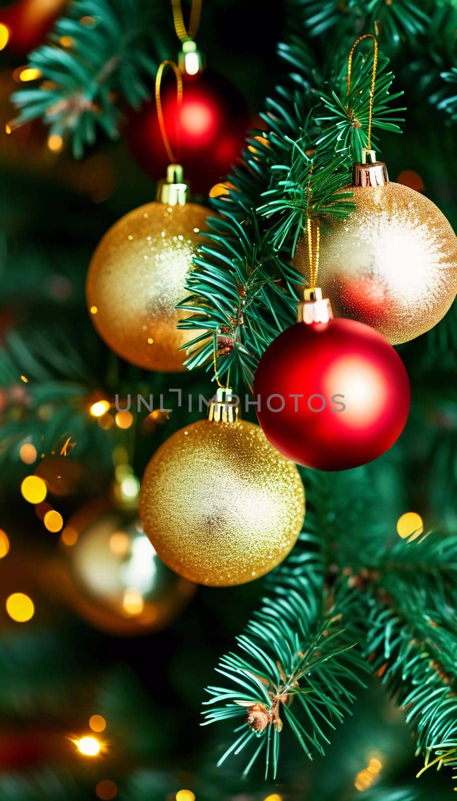 Sparkling ornament balls in vibrant red and gold hang from a lush spruce tree branch. Soft, warm lights twinkle enhancing festive spirit of Christmas. Happy New Year. Anamorphic  bokeh. Generative AI.