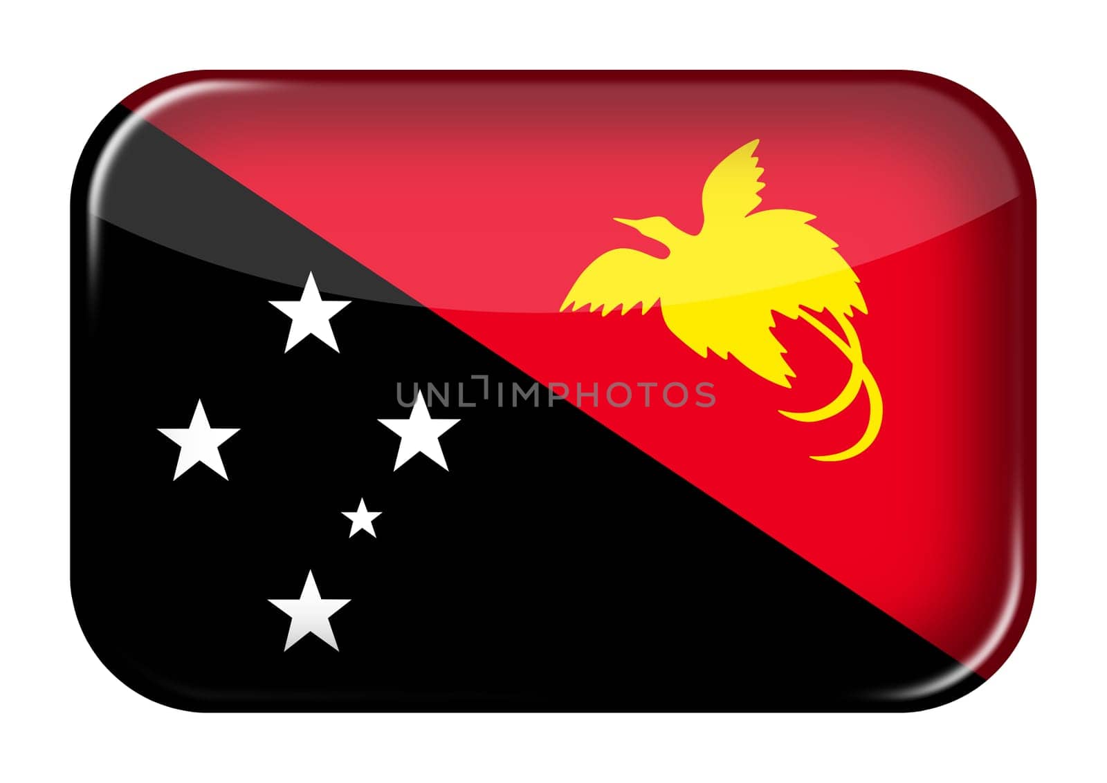 A Papua New Guinea web icon rectangle button with clipping path 3d illustration Black white red yellow Southern Cross raggiana bird of paradise