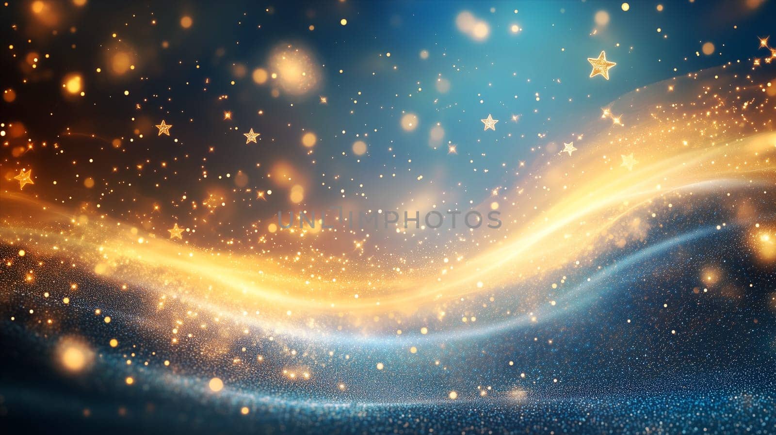 Golden bokeh, stars and glitter explosion cloud, confetti splash, twinkling scattered star dust and particles, christmas background