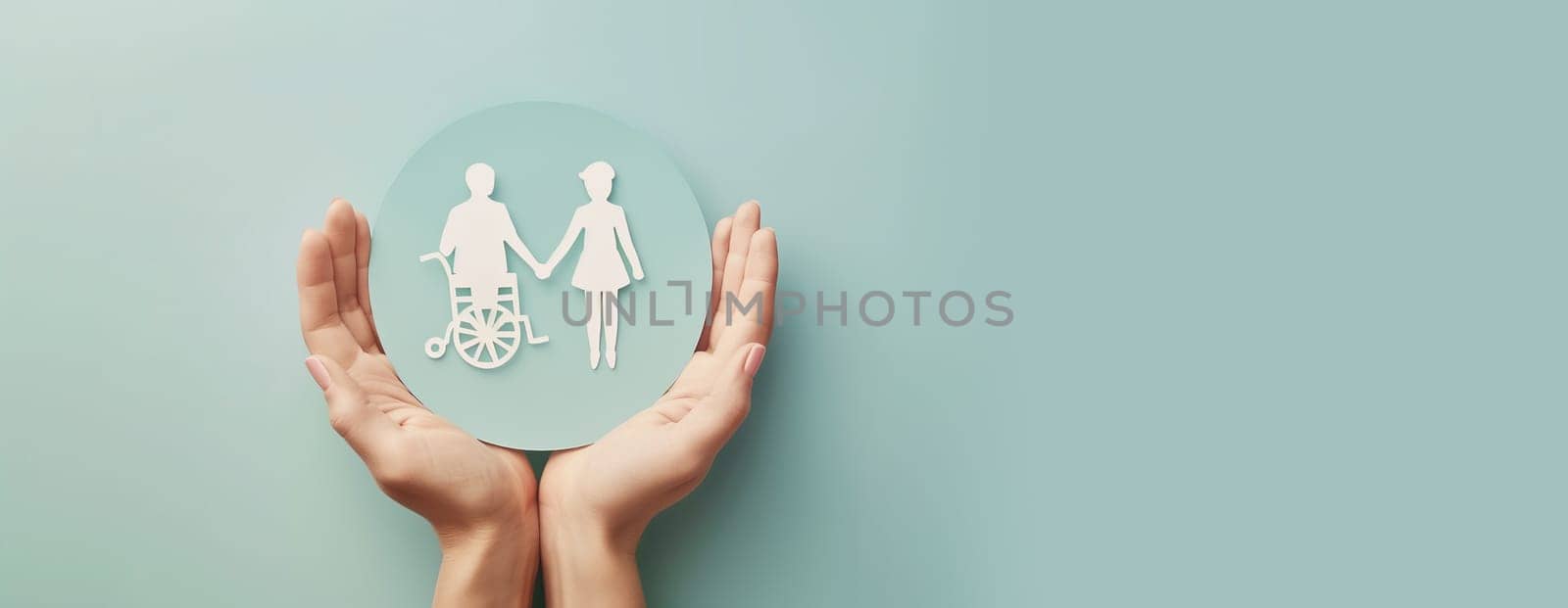 Couple holding hands, handicapped man in wheelchair, friendship, humanitarian aid, respect and support for disabled people