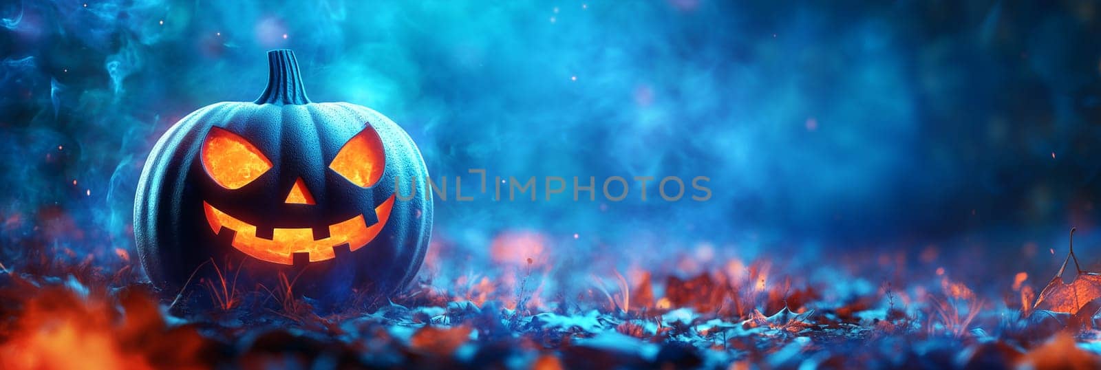 Halloween illuminated carved pumpkin, evil scary face in darkness, candle lit at night, background with copy space