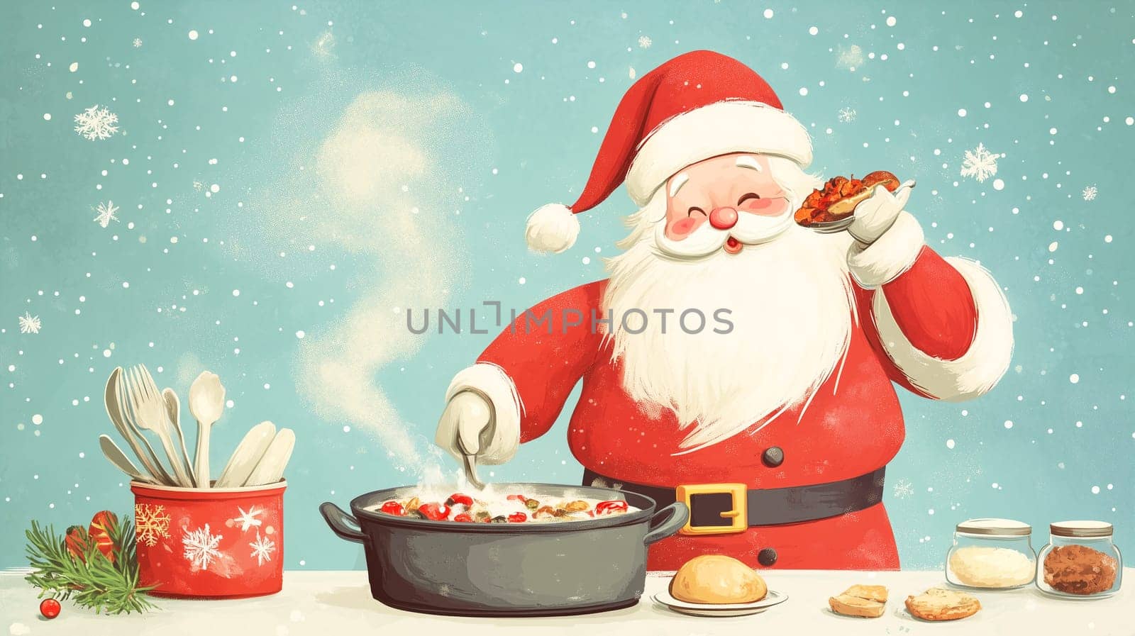 Santa Claus is cooking a meal for christmas eve, winter holiday season, xmas greeting card, snowflakes, cartoon illustration