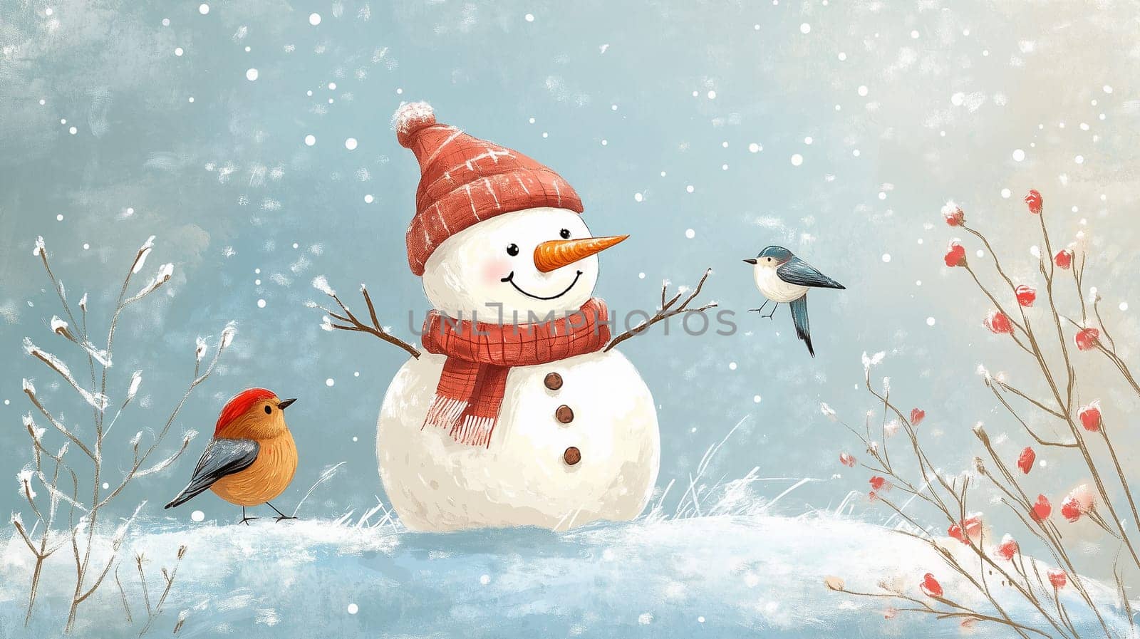 Happy smiling snowman with birds in a winter landscape, snow is falling, holiday season, christmas greeting card