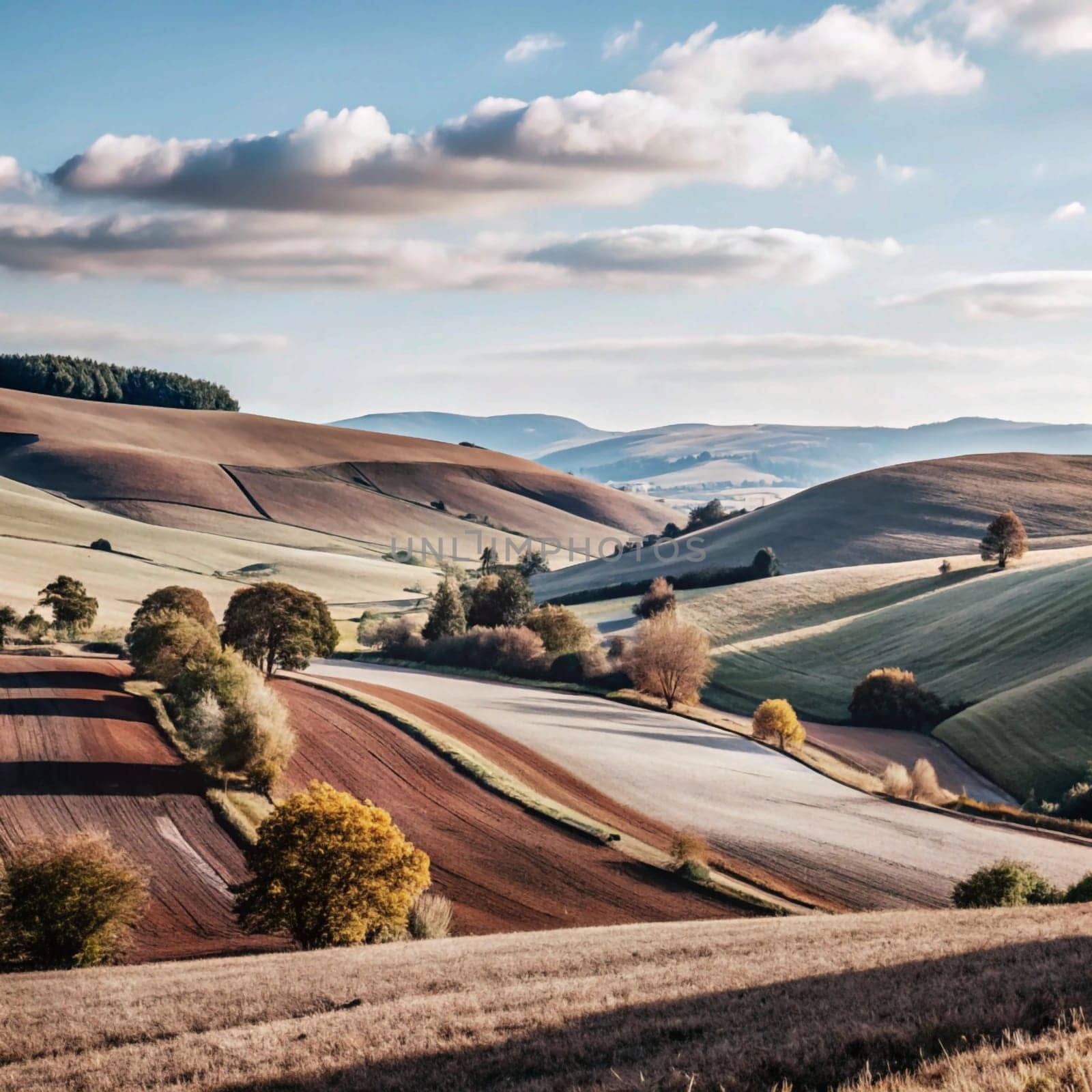 A scenic view of rolling hills and farmland, with trees scattered across the landscape. The sky is blue with white clouds, and the sun is shining brightly. A high-quality AI-generated photo.