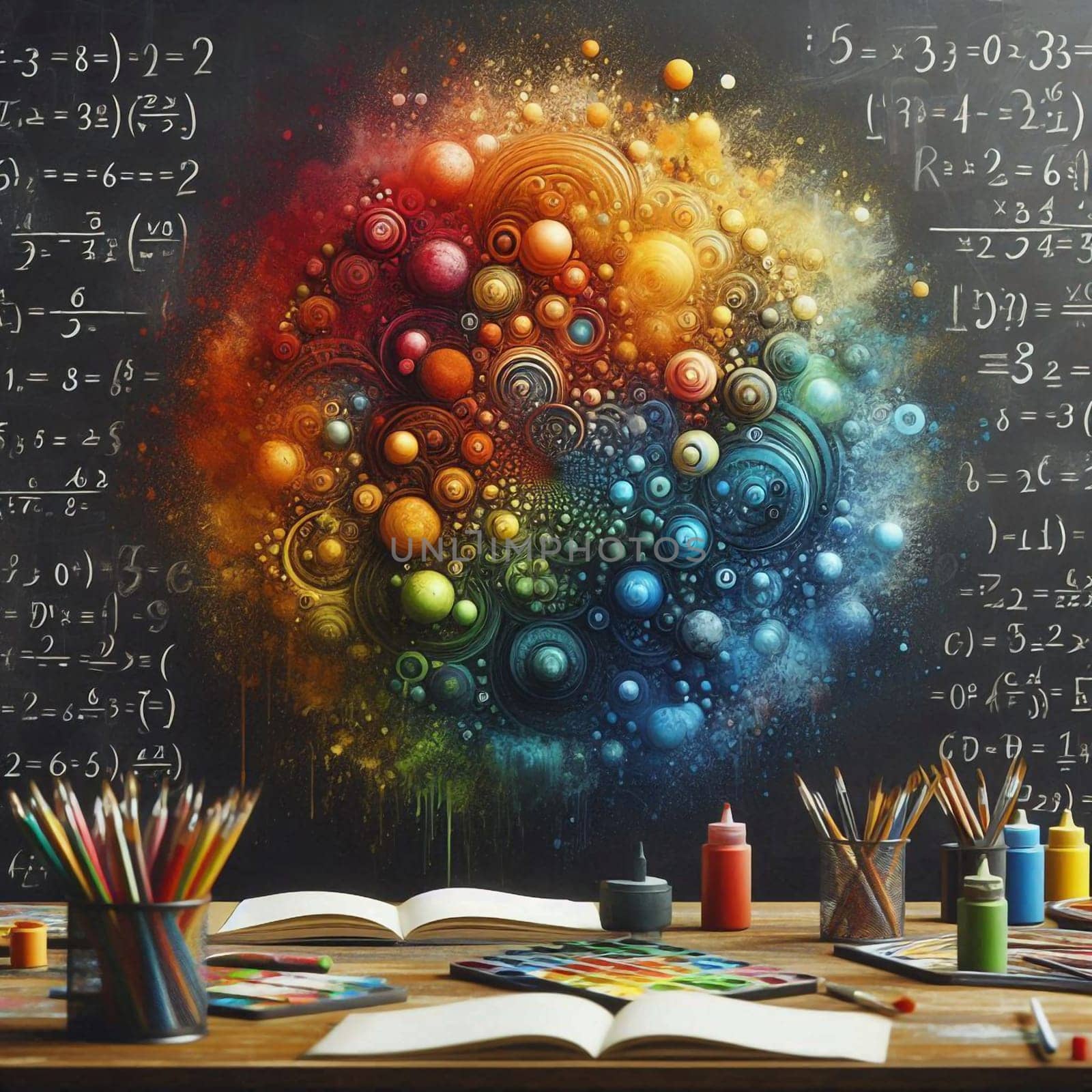 A classroom with a blackboard filled with mathematical equations and a colorful abstract design. The scene represents the intersection of art, science, and education. A high-quality AI-generated photo.